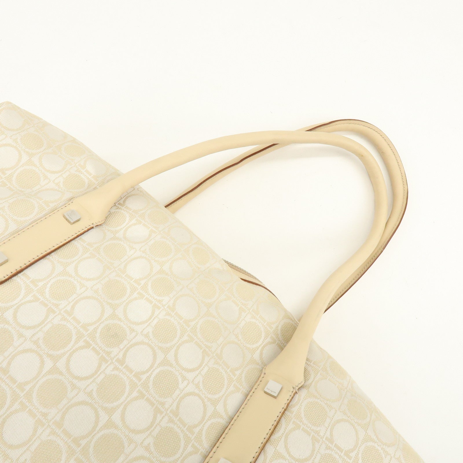 Ferragamo Gancini Canvas Leather Tote Bag Shoulder Bag Light Beige