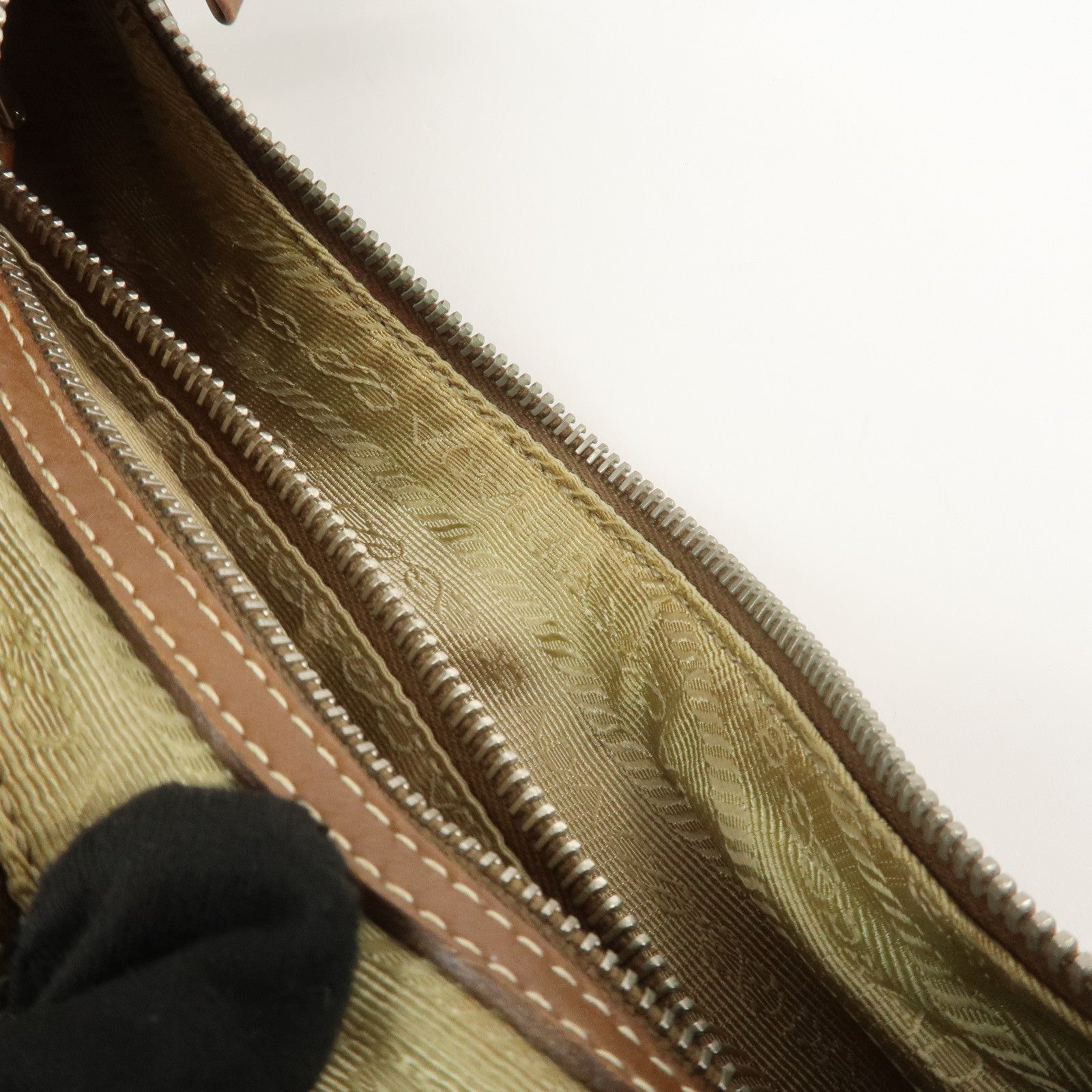 PRADA Logo Jacquard Leather Shoulder Bag Beige Brown BR3429