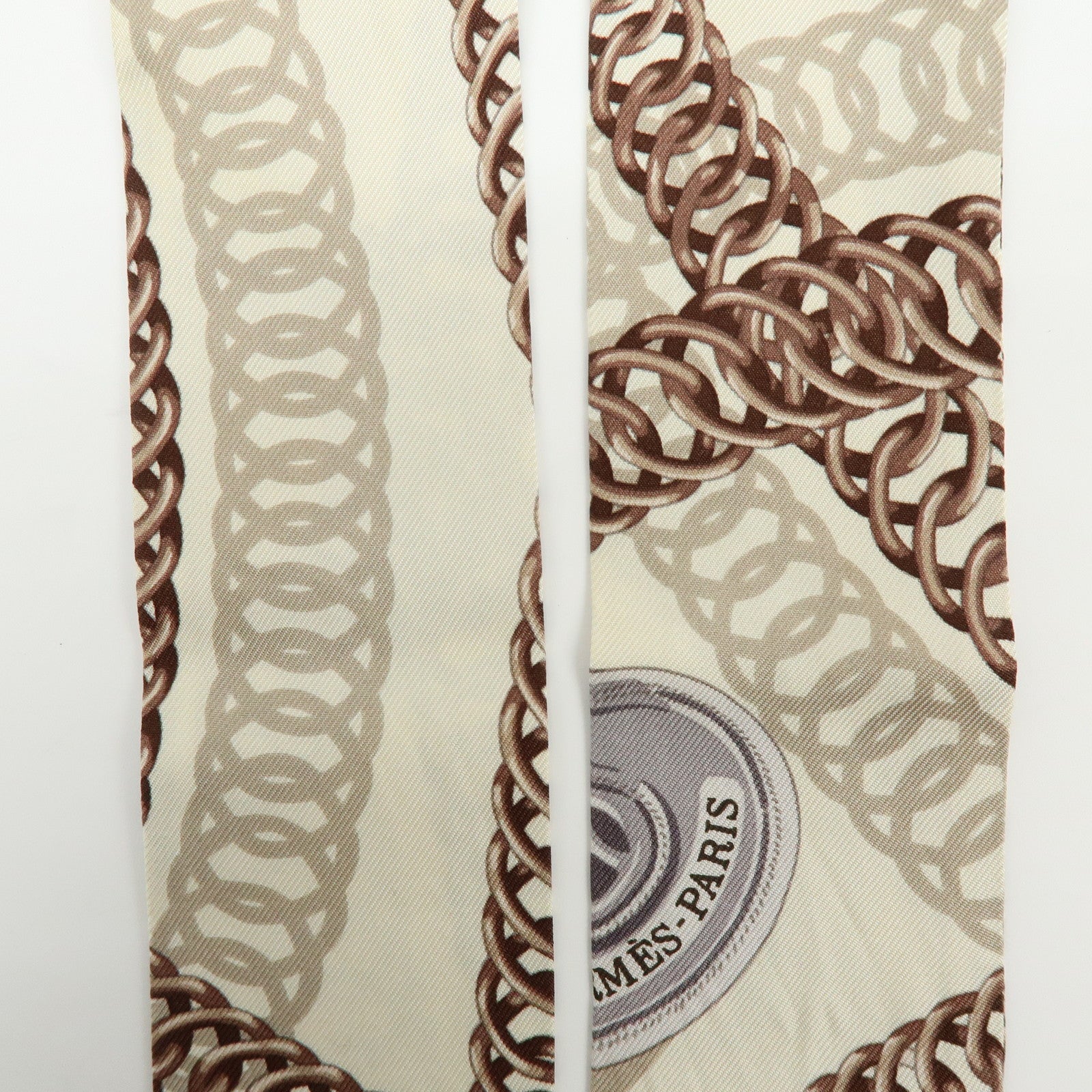 HERMES Twilly Silk 100% Scarf Chain Print Ivory Brown