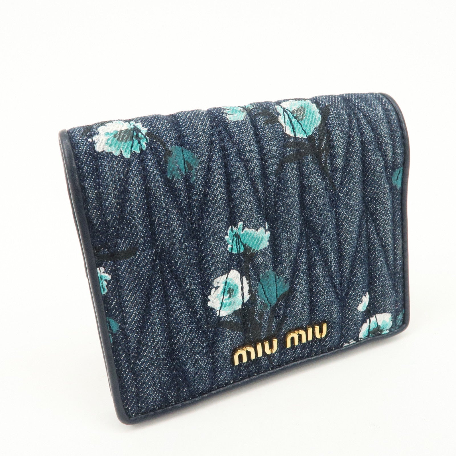 MIU MIU Matelasse Denim Leather Bi-fold Compact Wallet Indigo Blue 5MV204