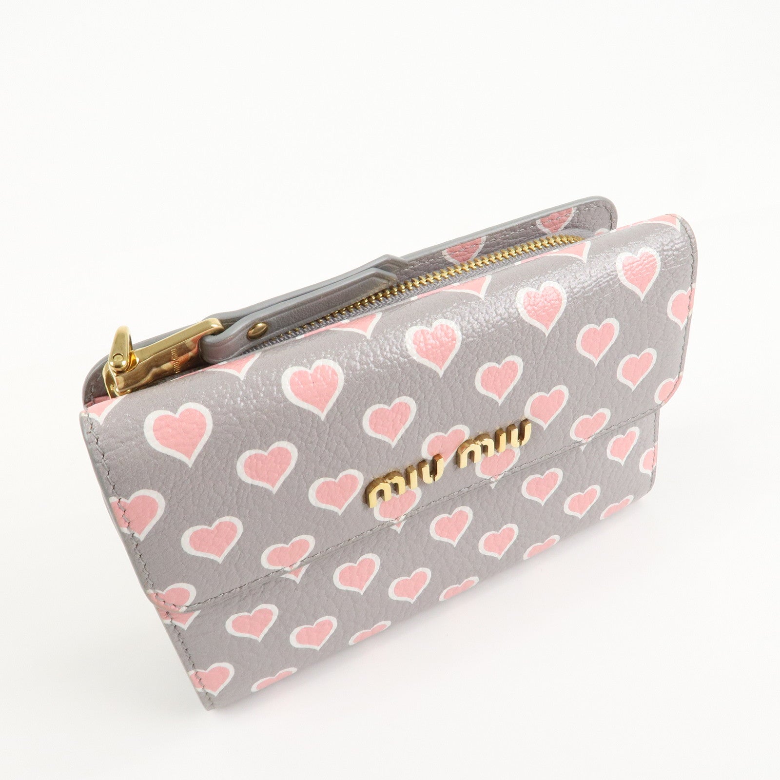MIU MIU Leather Heart BI-fold Wallet Pink Gray Gold Hardware 5ML014 Used