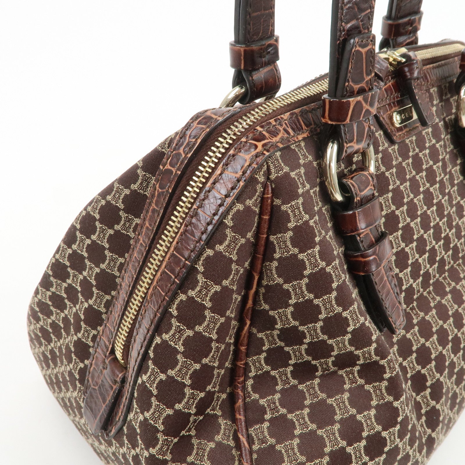 CELINE Macadam Canvas Embossed Leather Hand Bag Shoulder Bag Brown