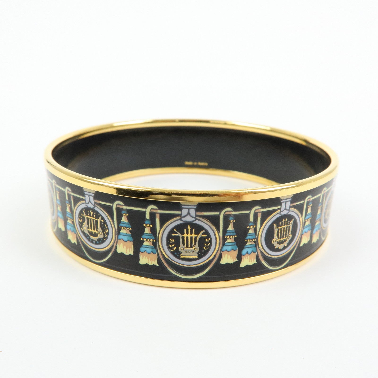 HERMES Email GM Gold Plated Bangle Bracelet Black Gold