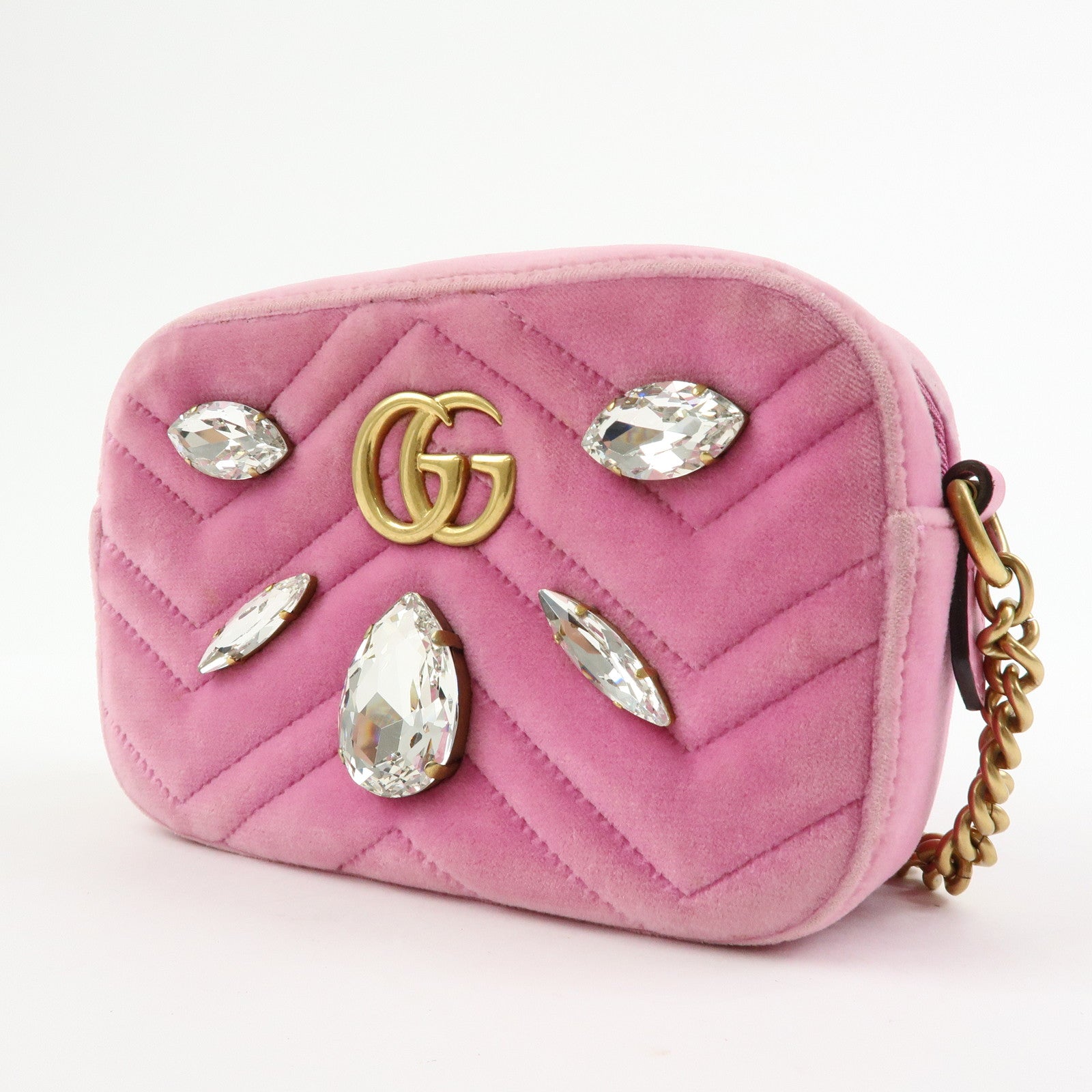 GUCCI GG Marmont Velvet Leather Rhinestone Shoulder Bag Pink 448065