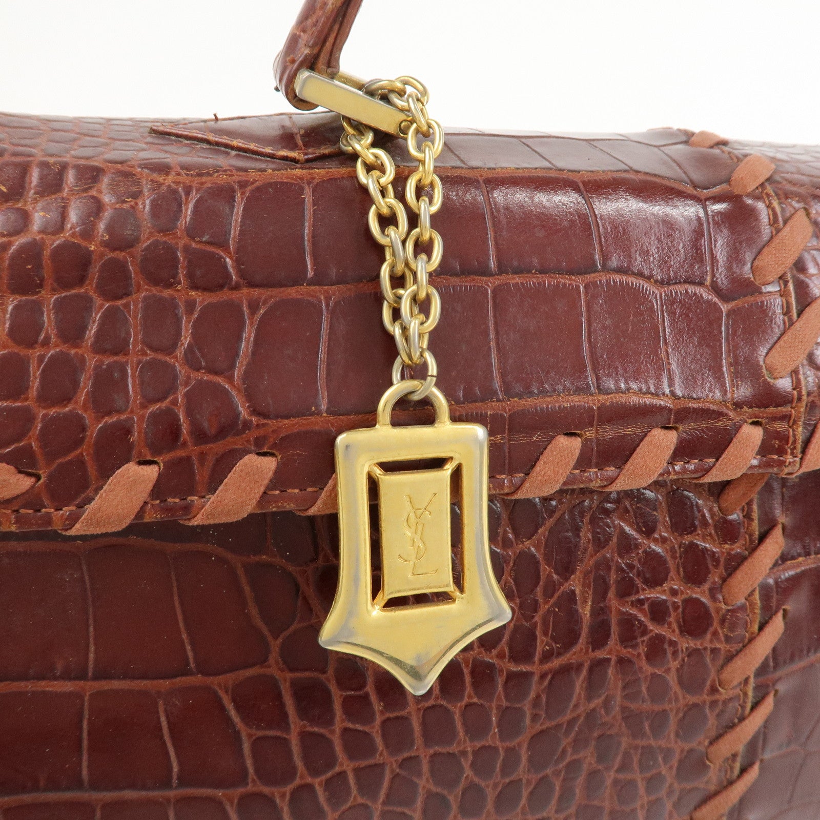 SAINT LAURENT PARIS Embossed Leather Hand Bag Red Brown
