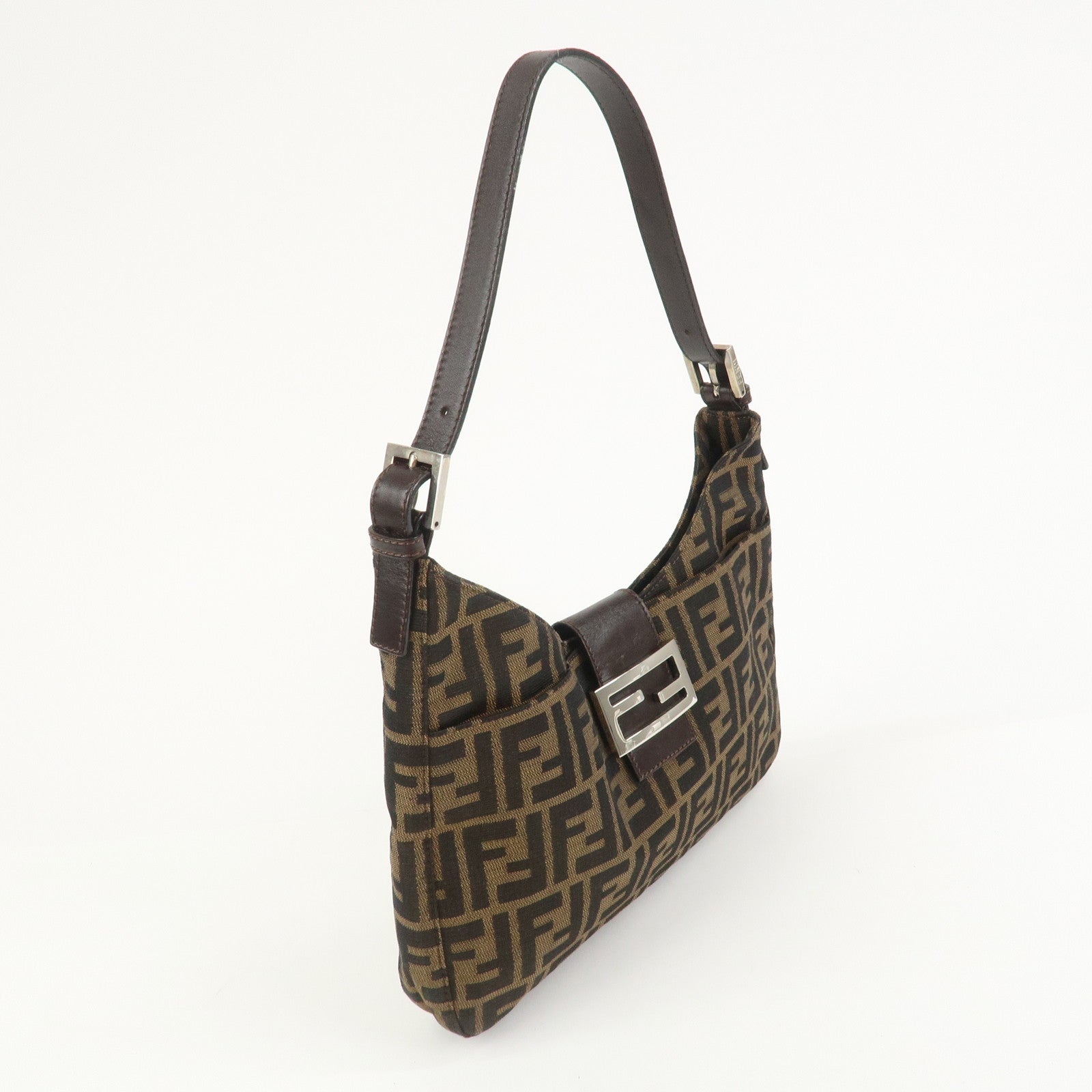 FENDI Zucca Canvas Leather Shoulder Bag Brown Black 26569