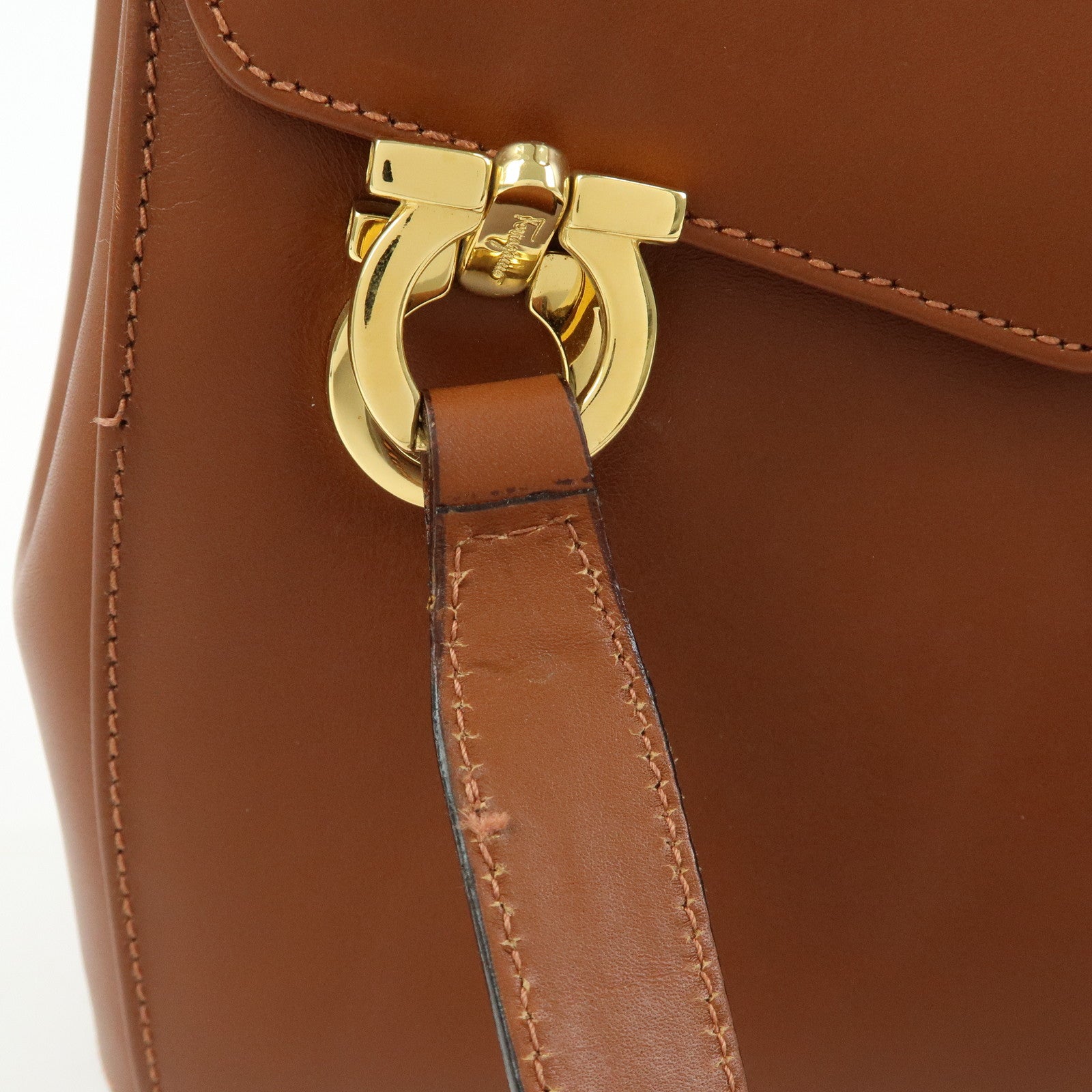 Ferragamo Gancini Leather 2Way Bag Hand Bag Shoulder Bag Brown