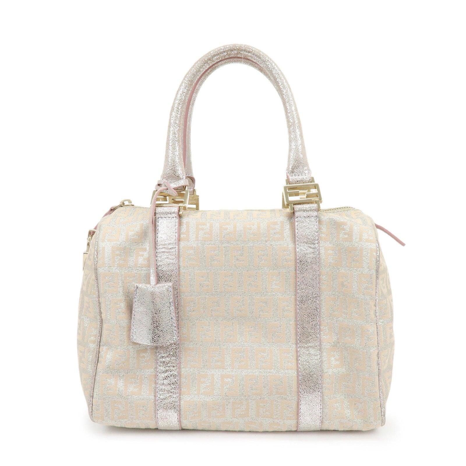 FENDI Zucchino Canvas Leather Mini Boston Bag Silver Beige 8BL068