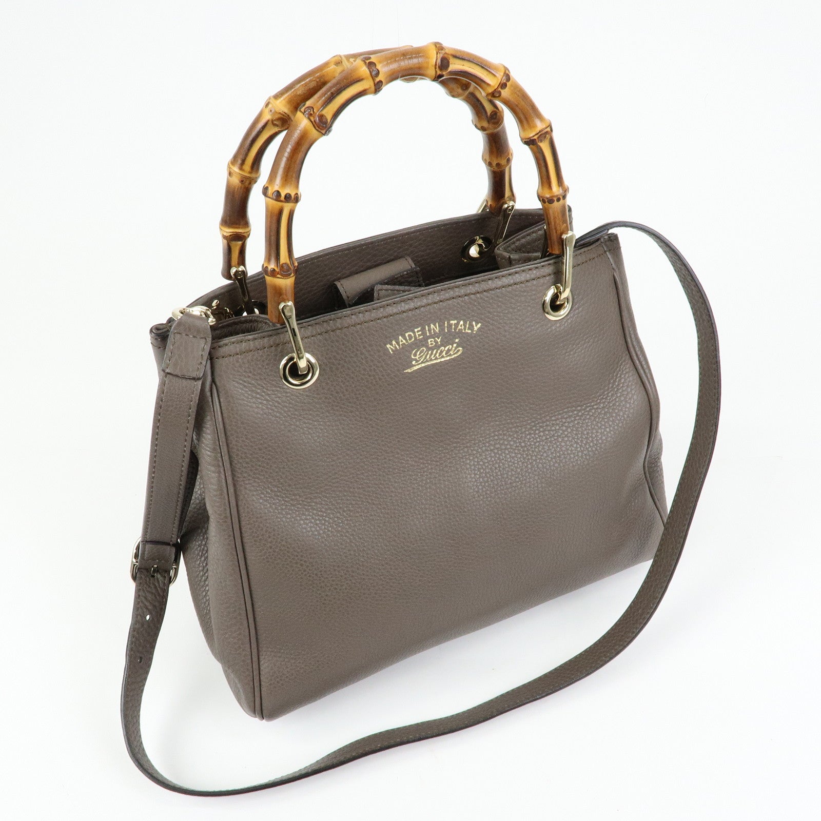 GUCCI Bamboo Leather Shopper Small 2Way Bag Greige 336032