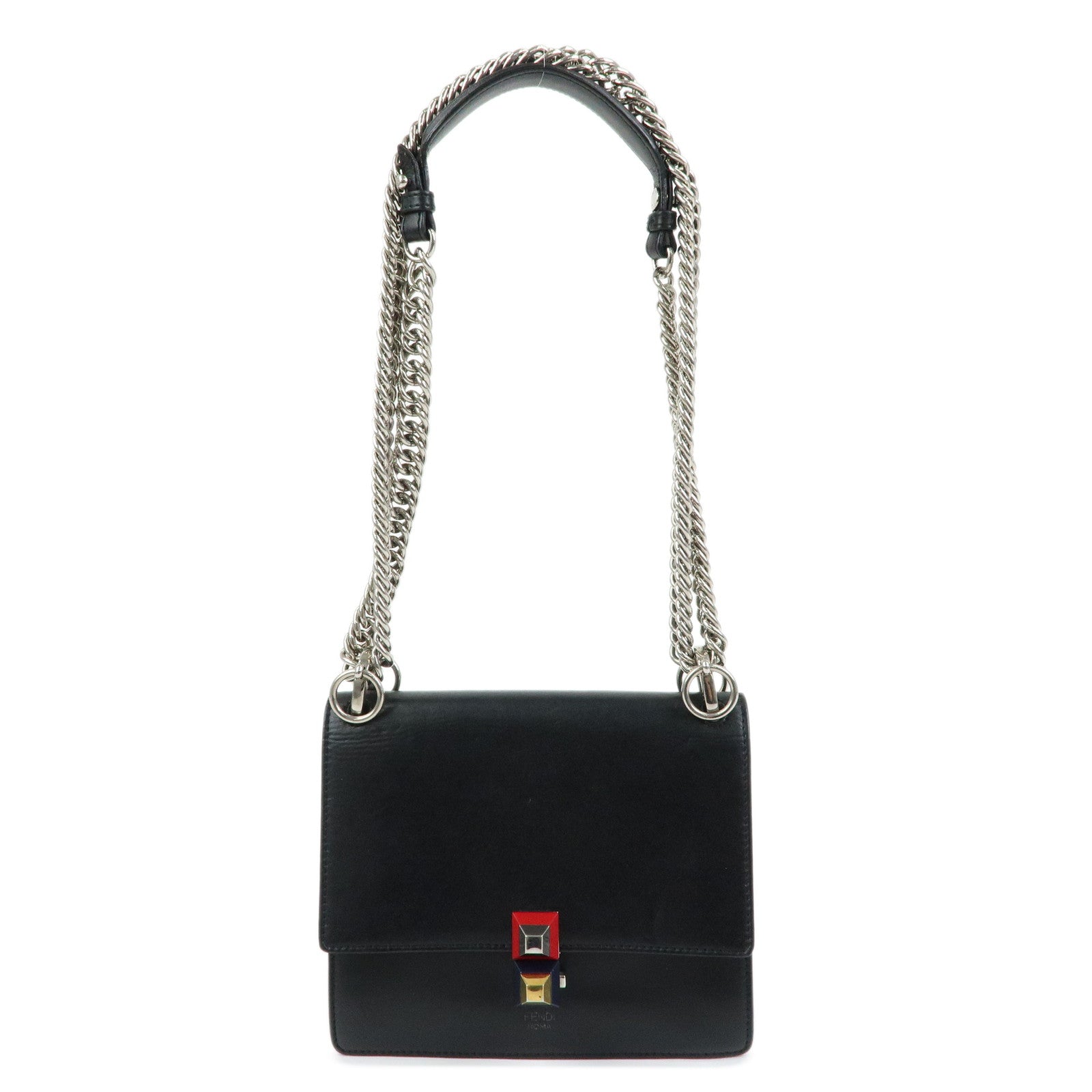 FENDI Kan I Mini Leather Chain Shoulder Crossbody Bag Black 8M0381