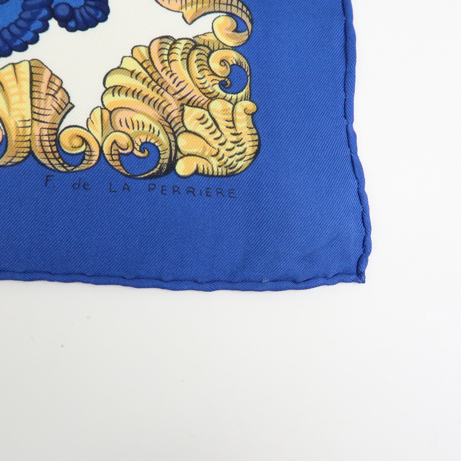 HERMES Carre 90 Silk 100% LVDOVICVS MAGNVS Scarf Blue Gold