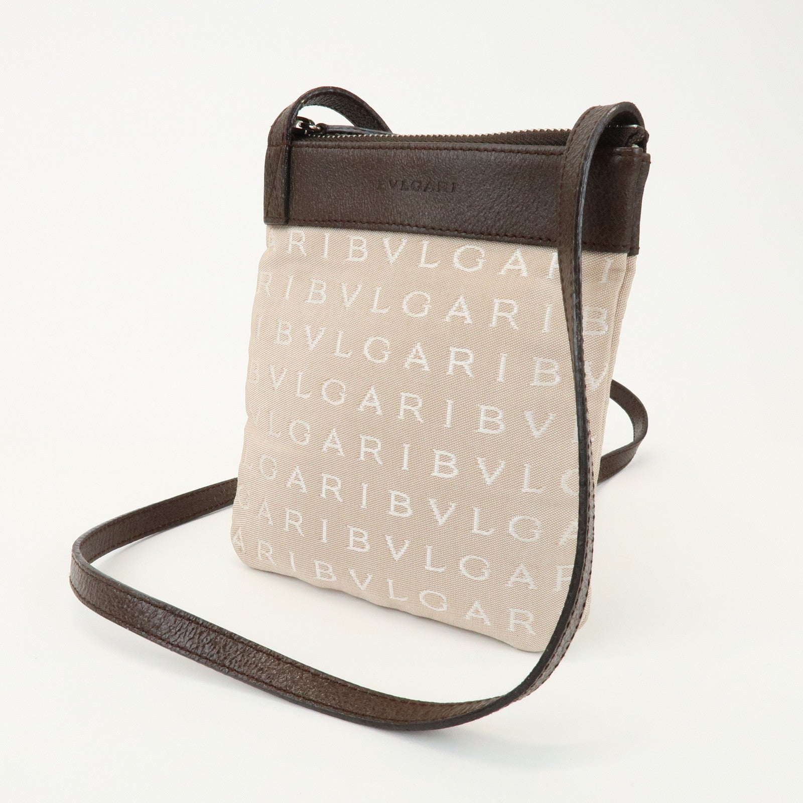 BVLGARI Logo Mania Monogram Canvas Leather Shoulder Bag Beige Brown