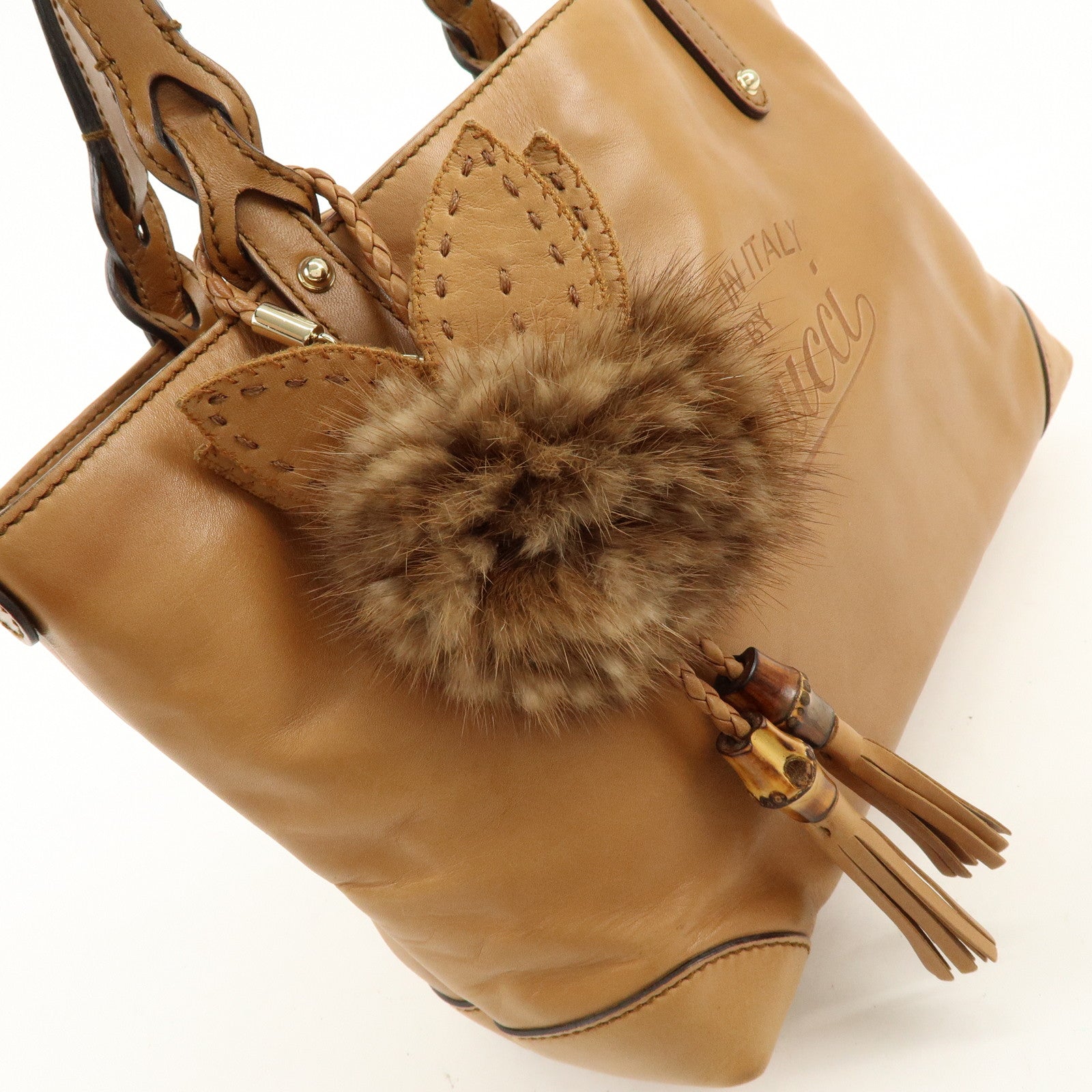 GUCCI Script Logo Leather Fur Tote Bag Fur Pouch Brown 269878