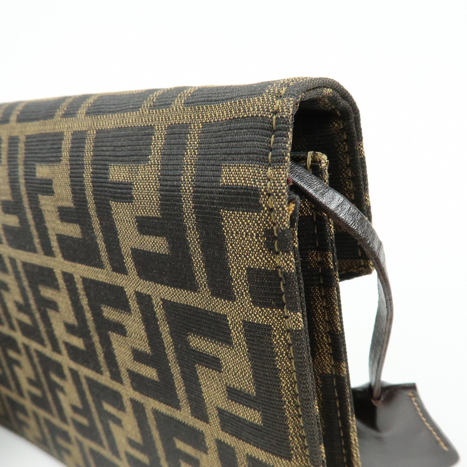 FENDI Zucca Canvas Leather Wrist Bag Clutch Bag Pouch Brown Black