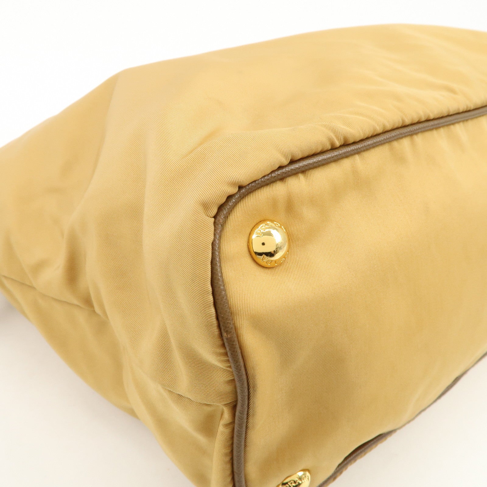 PRADA Logo Nylon Saffiano Leather Tote Bag Shoulder Bag Light Brown