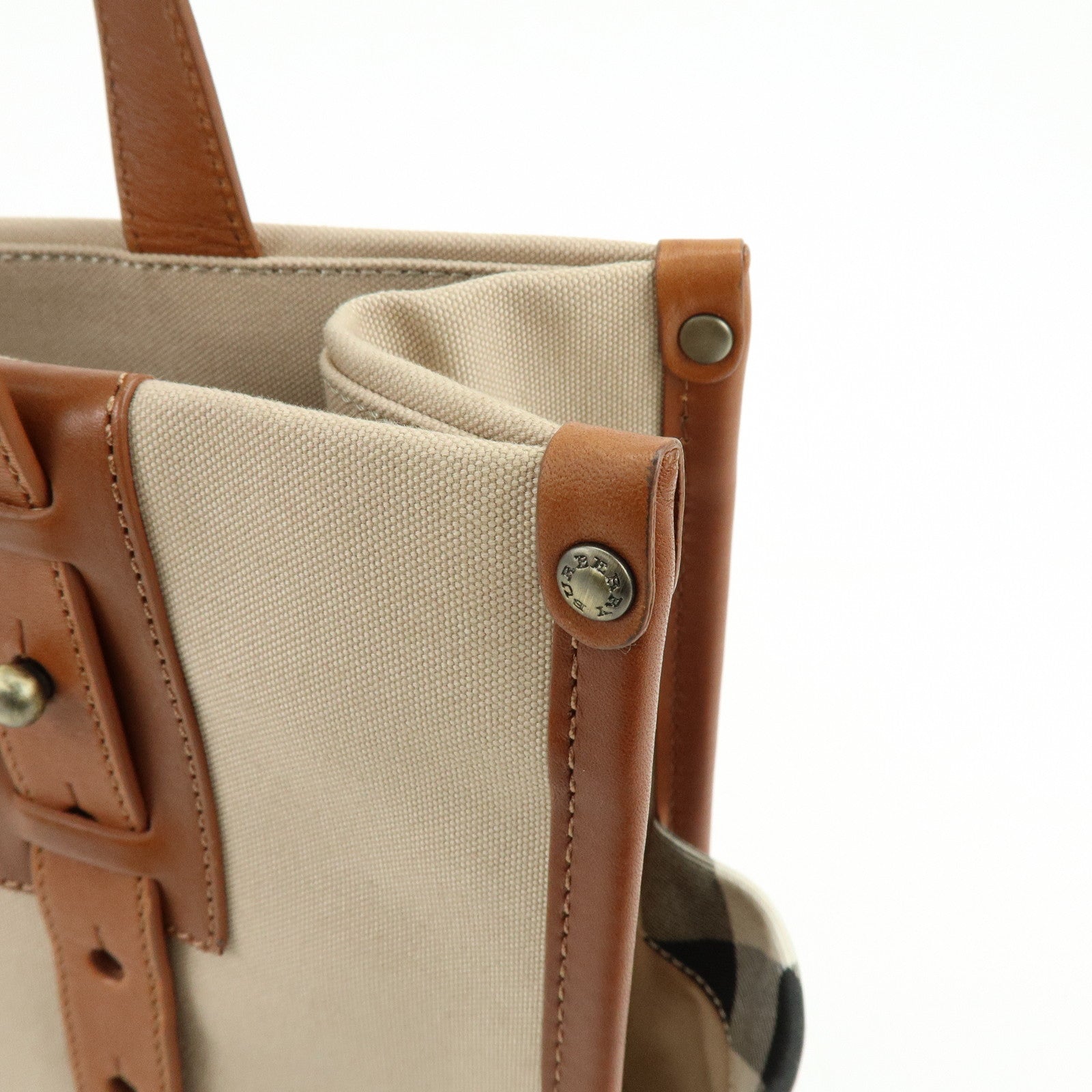 BURBERRY Nova Plaid Canvas Leather Tote Bag Hand Bag Beige Brown