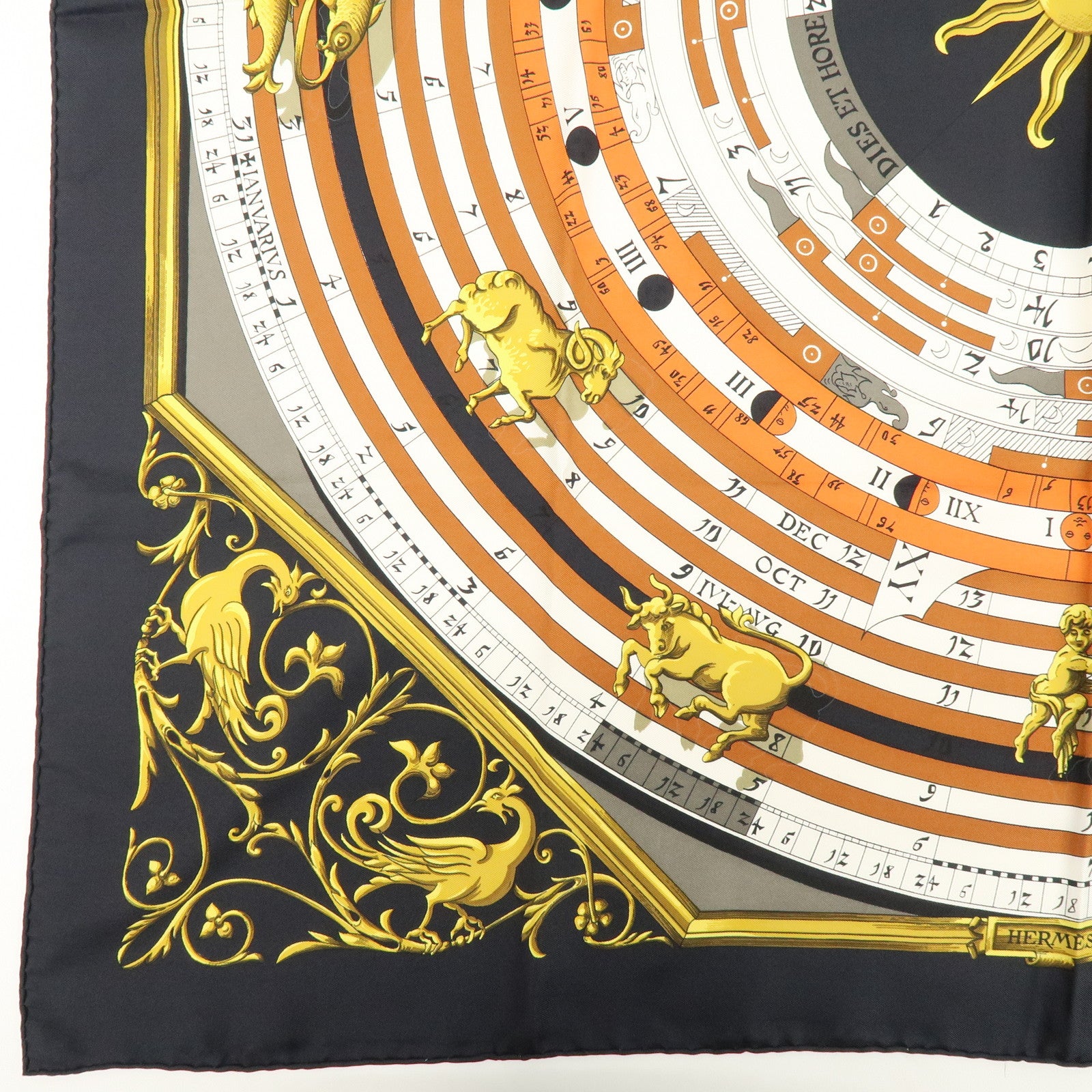 HERMES Carre 90 Silk 100% Scarf DIES ET HORE Black Gold White