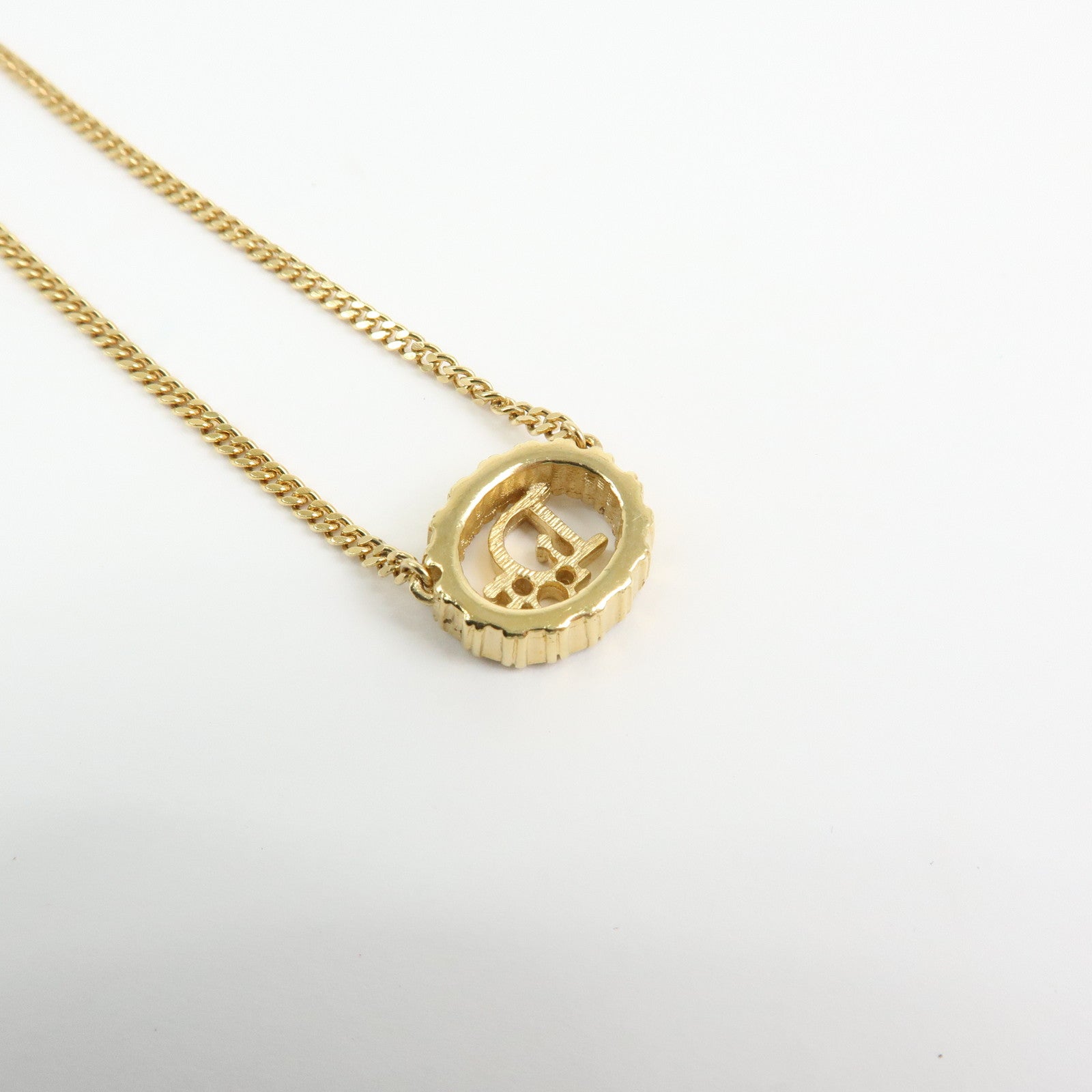 Christian Dior Logo Pendant Metal Rhinestone Necklace Gold