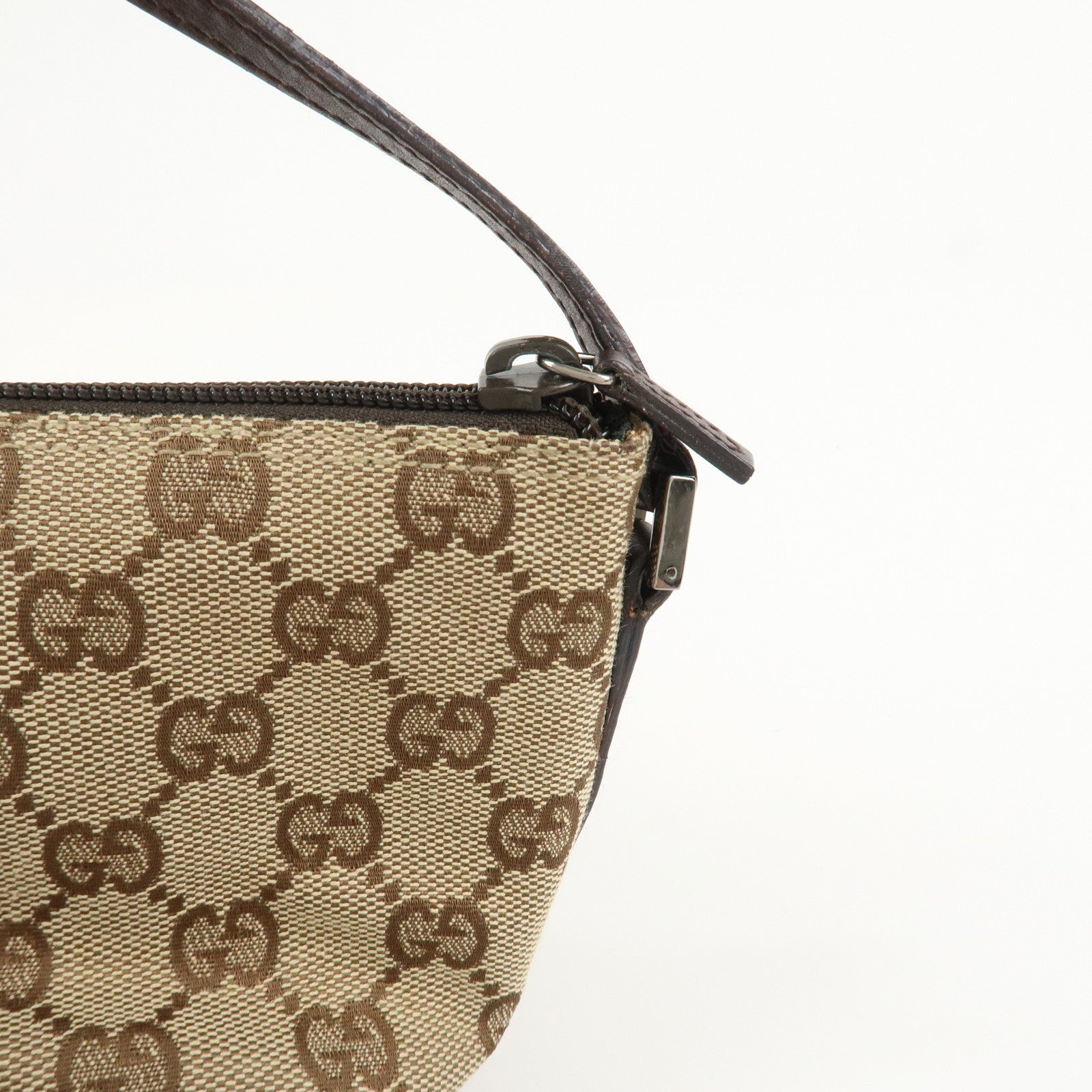 GUCCI Boat Bag GG Canvas Leather Hand Bag Pouch Beige Brown 07198