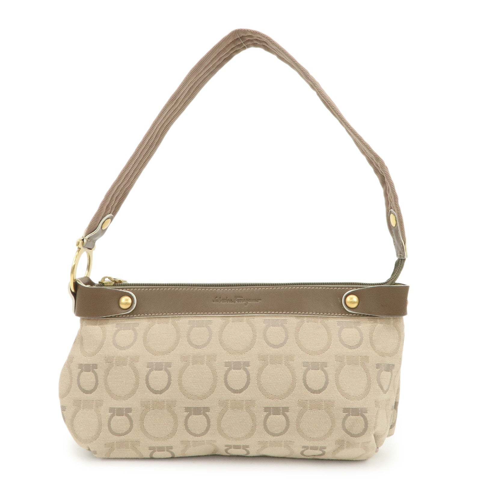Ferragamo Gancini Canvas Leather Shoulder Bag Hand Bag Beige Brown