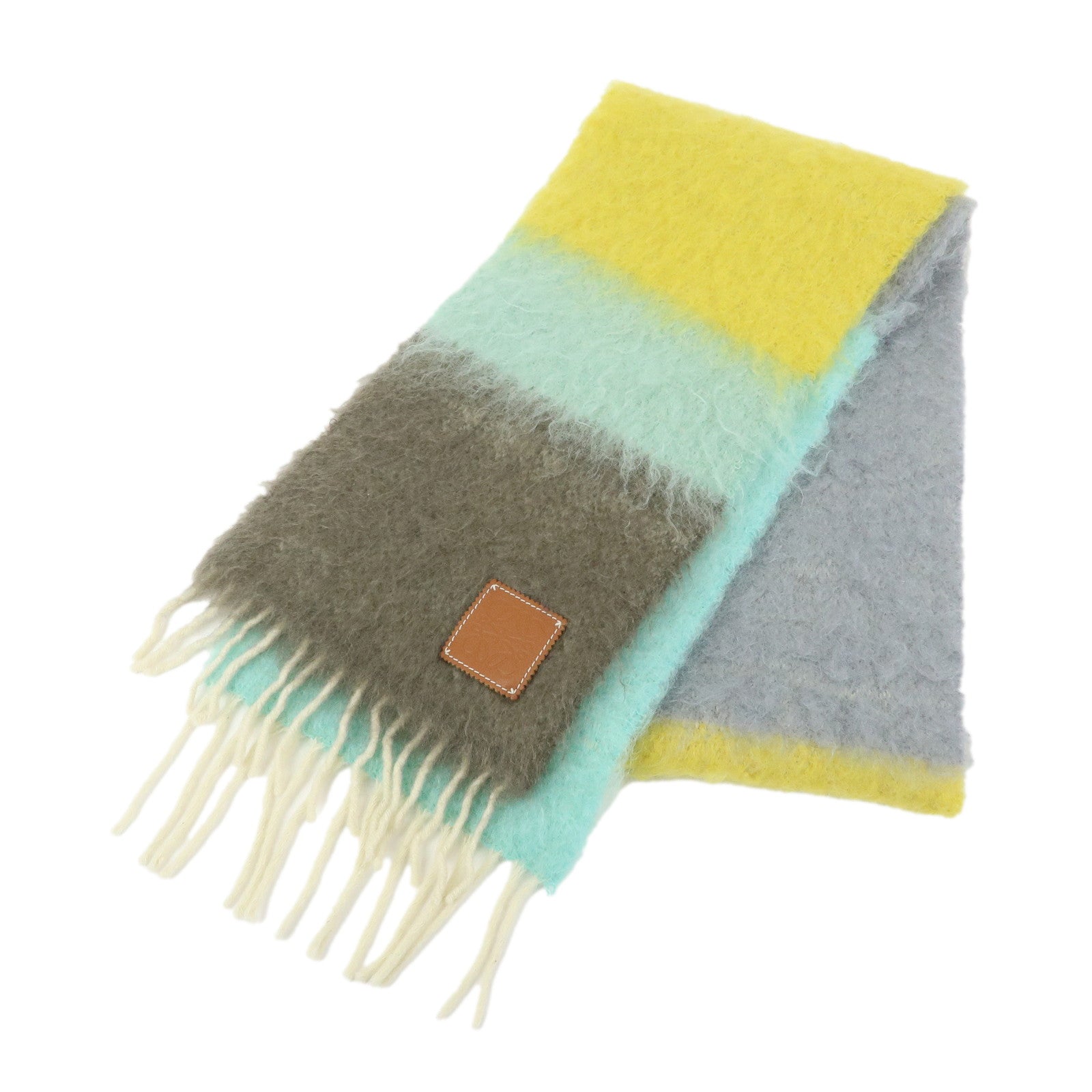 LOEWE Anagram Wool Mohair Nylon Scarf Shawl Yellow Gray Light Blue