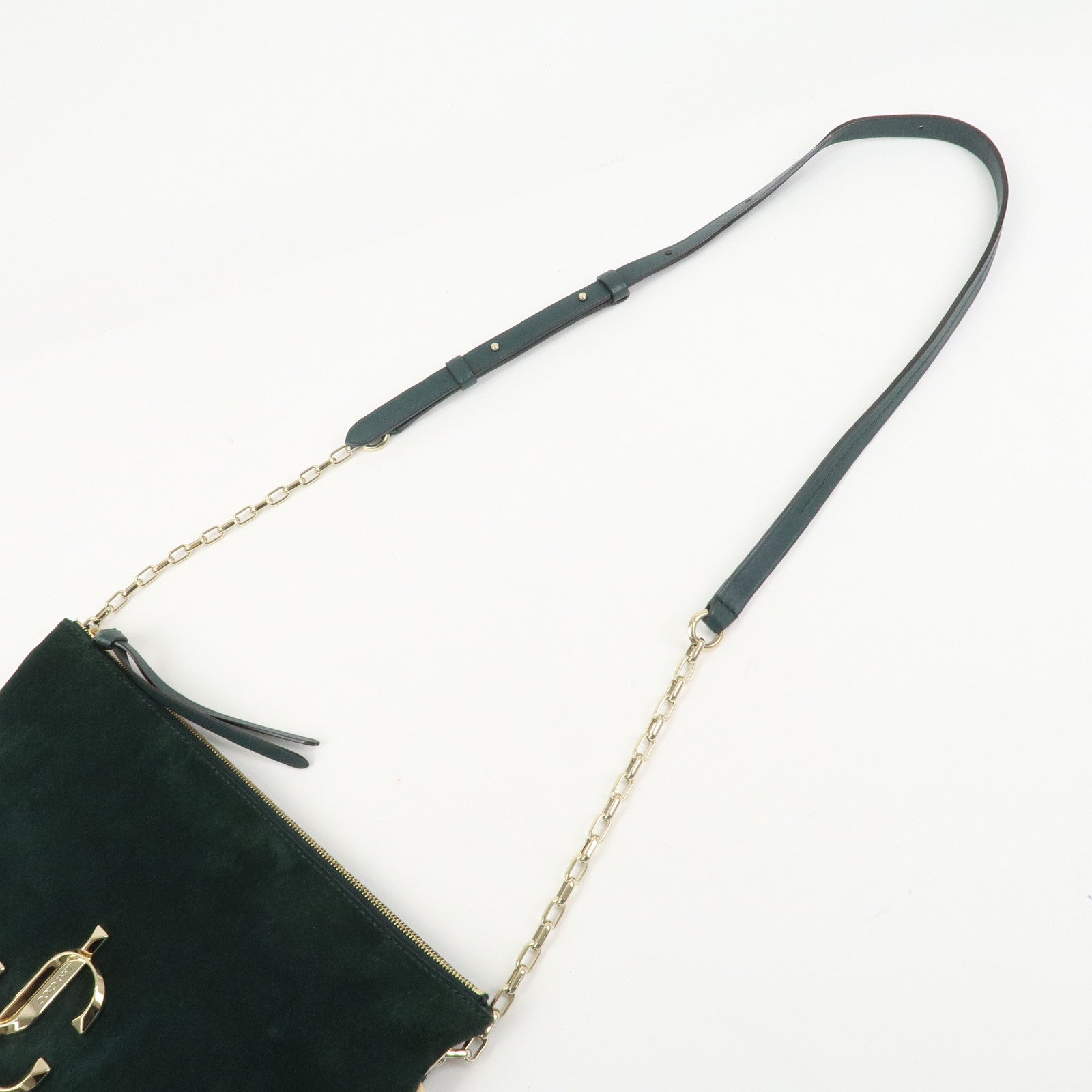JIMMY CHOO VARENNE Suede Leather Chain Shoulder Bag Dark Green