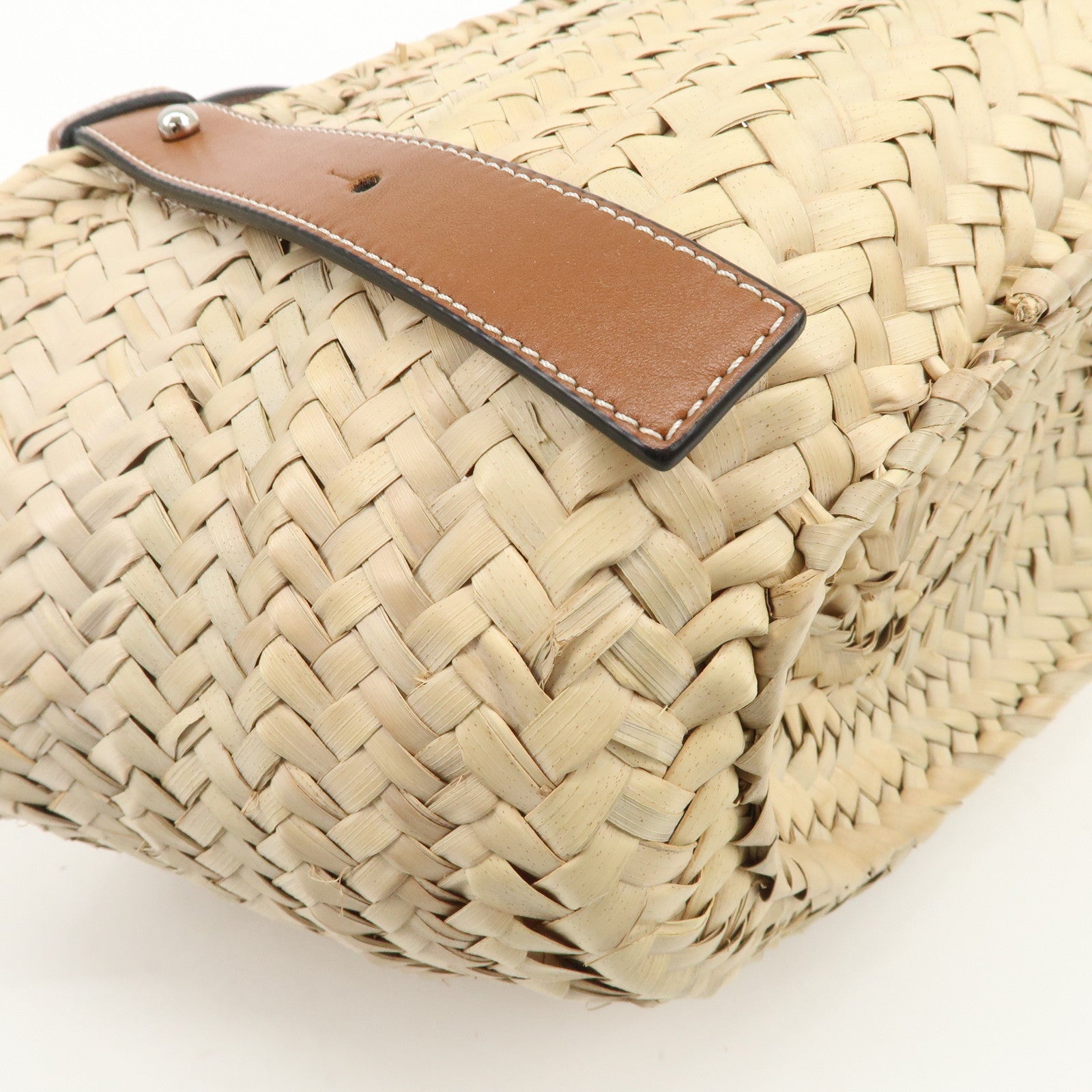 LOEWE Anagram Raffia Leather Basket Bag Hand Bag Natural Brown 2435