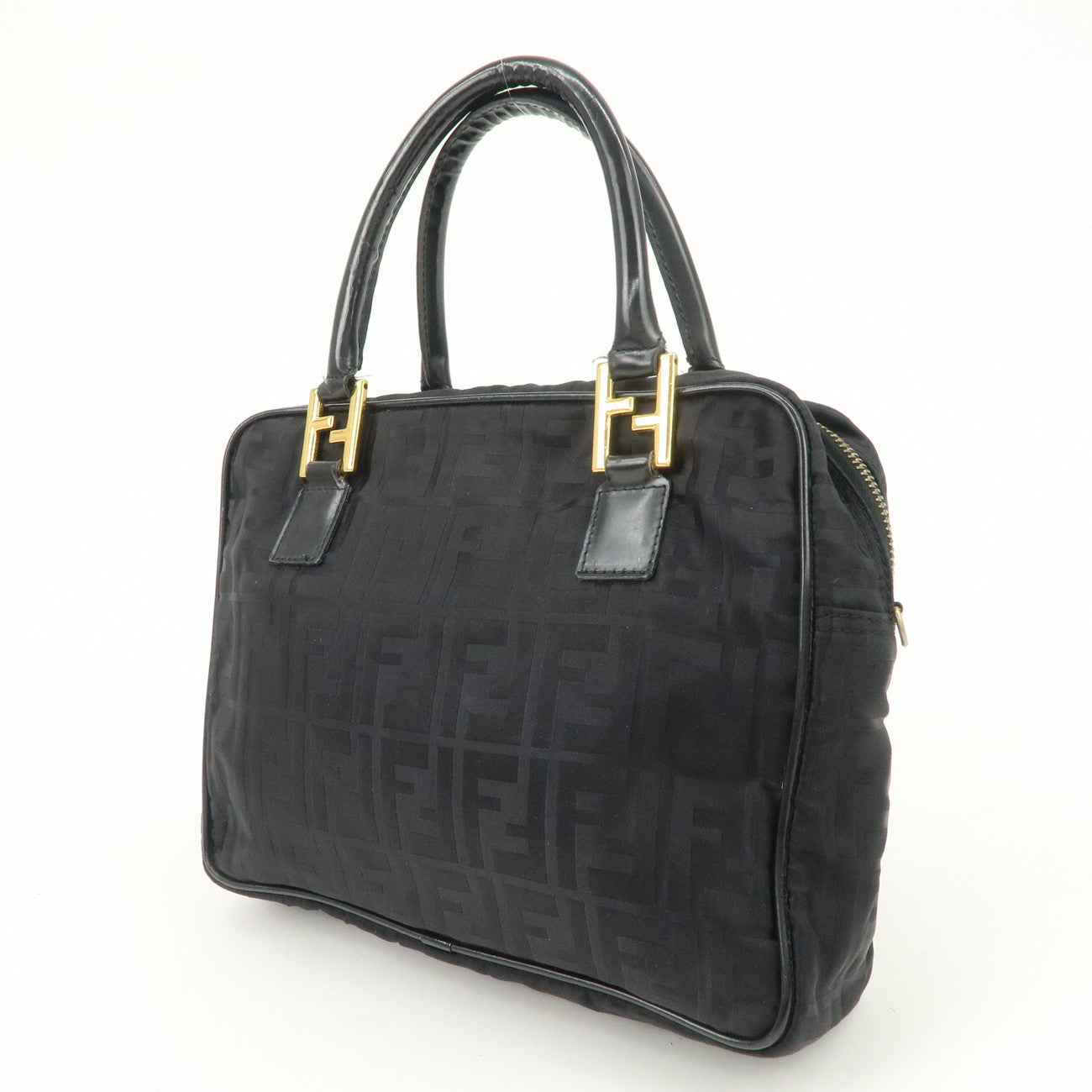 FENDI Zucca Nylon Hand Bag Shoulder Bag Black Gold