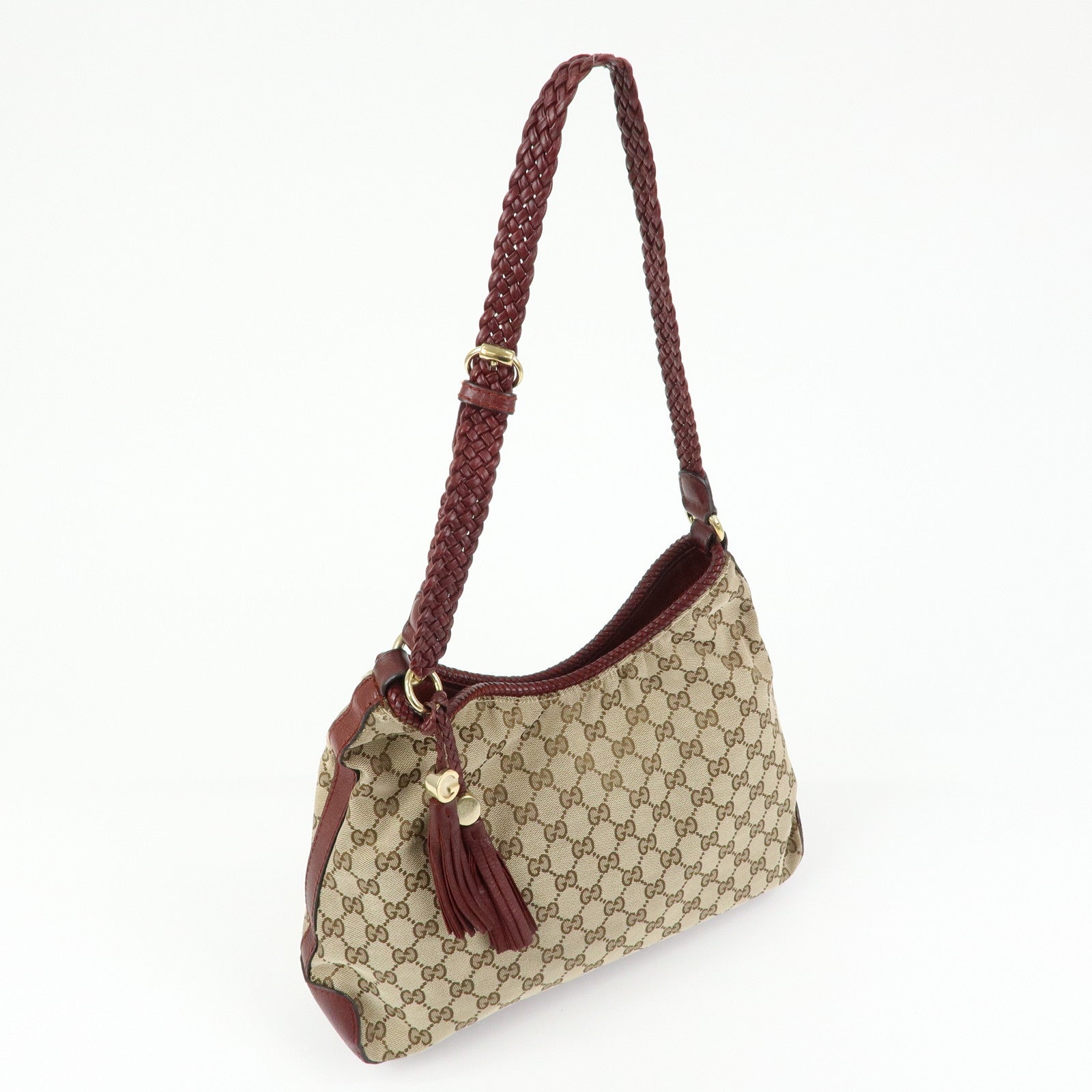 GUCCI Marrakech GG Canvas Leather Tassel Shoulder Bag Beige 257026