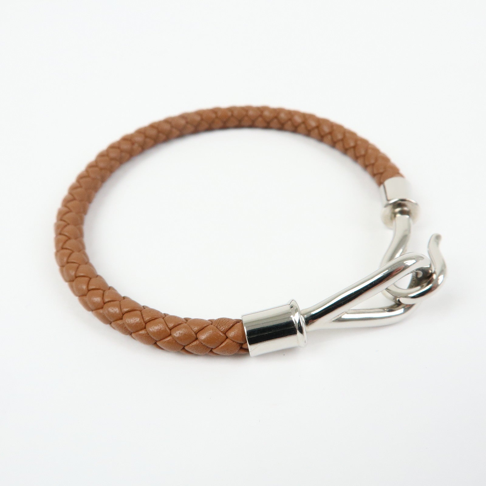HERMES Jumbo Choker Leather Metal Bracelet Brown Silver