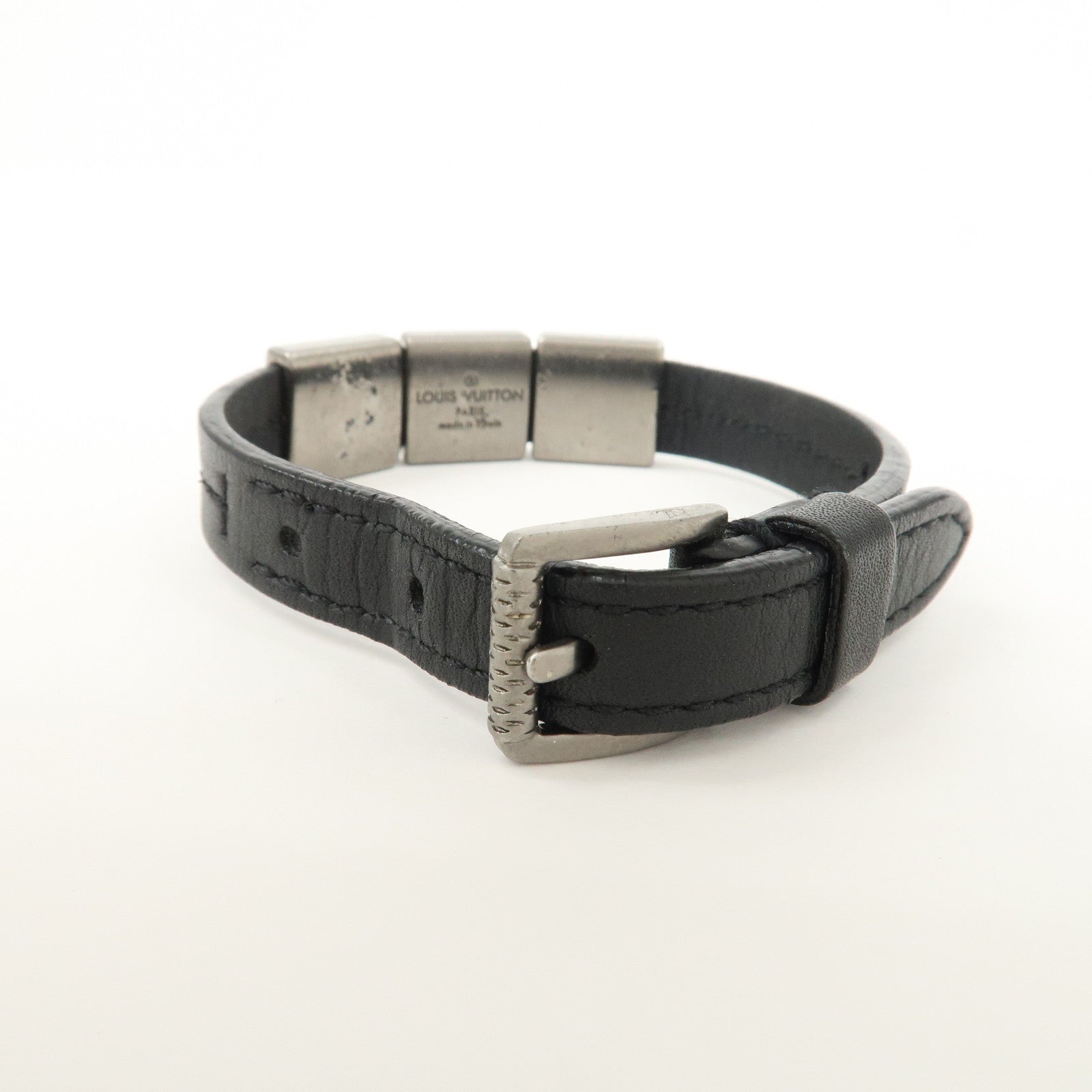 Louis Vuitton Leather Bracelet Black Silver M6205