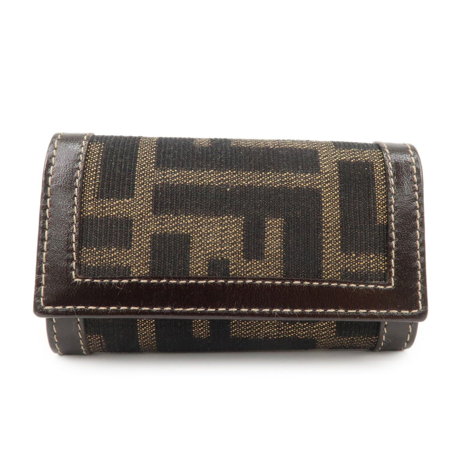 FENDI Zucca Canvas Leather 6 Ring Key Case Brown Black 10163