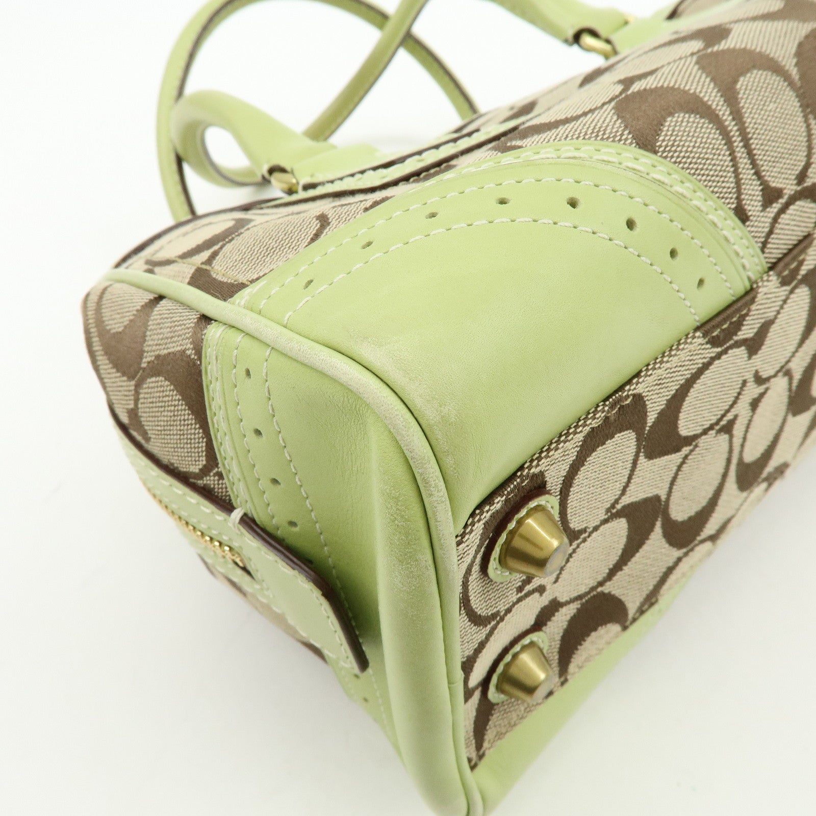 COACH Signature Canvas Leather Boston Hand Bag Light Brown Green