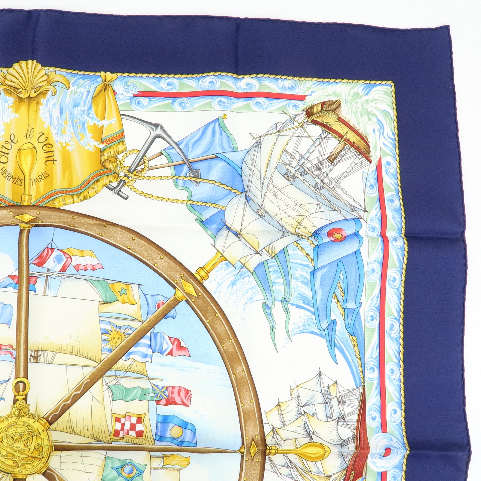 HERMES Carre 90 Silk 100% Scarf VIVE LE VENT Navy Blue Yellow White