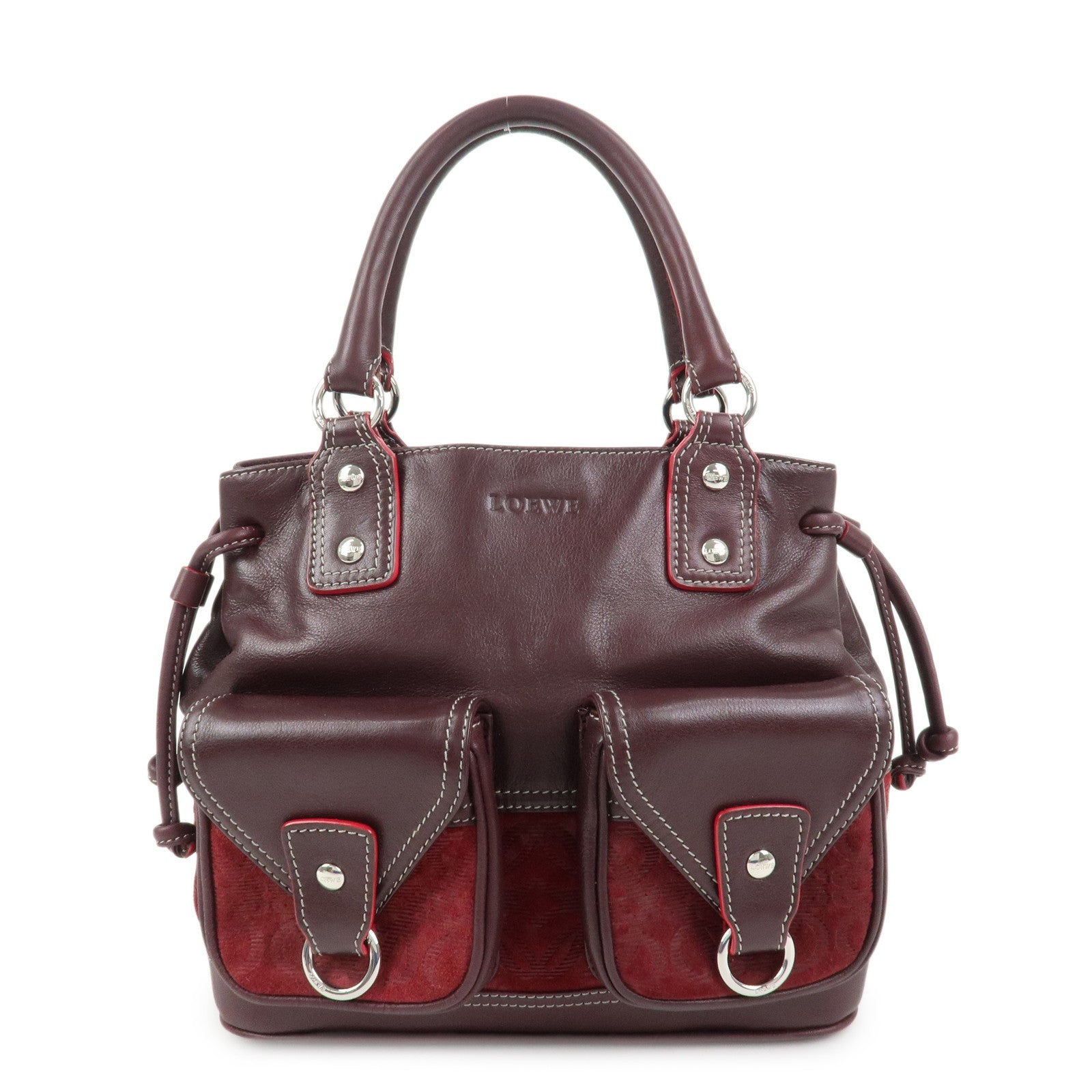 LOEWE Anagram Logo Leather Suede Hand Bag Brown Bordeaux