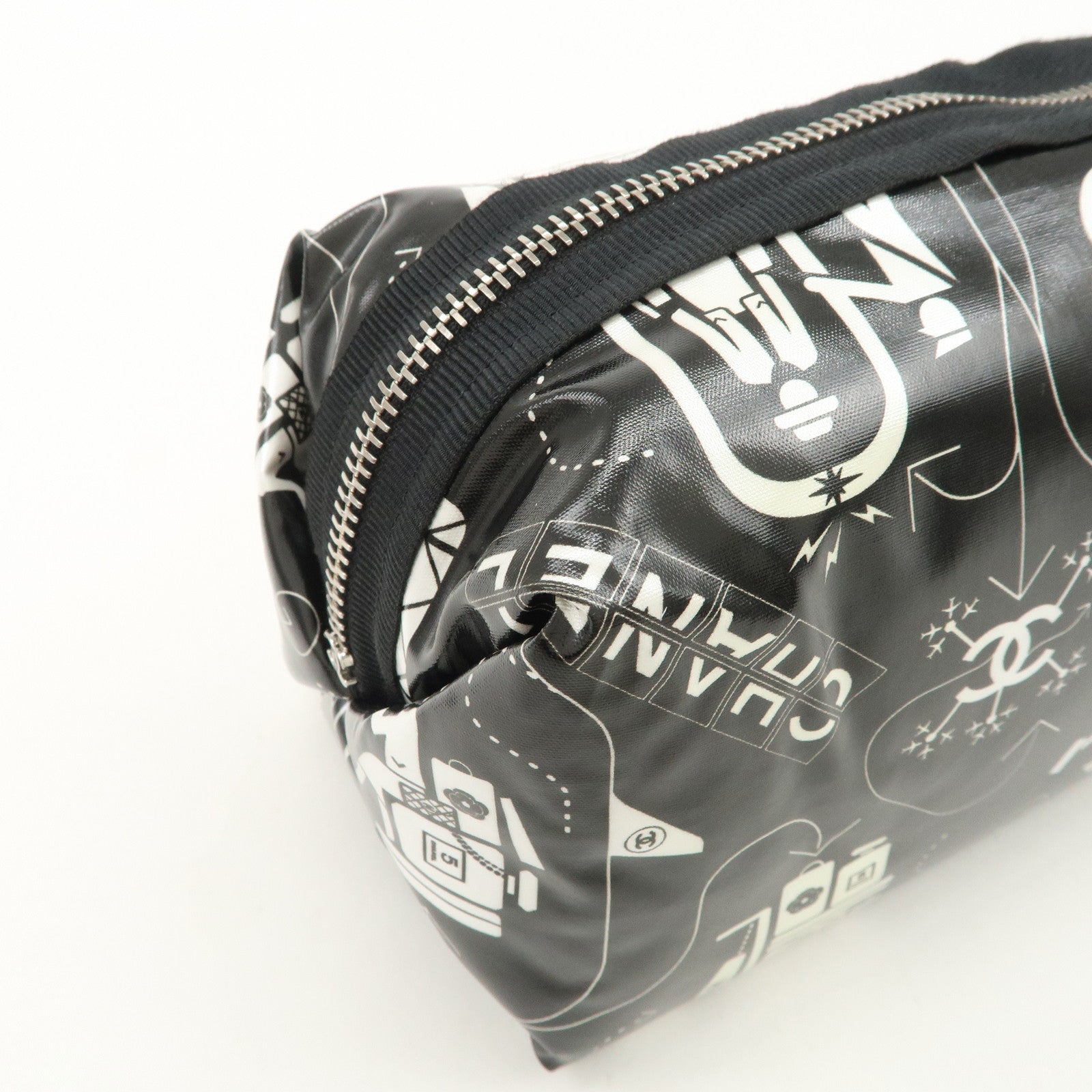 CHANEL Airline Nylon Pouch Cosmetic Pouch Black White
