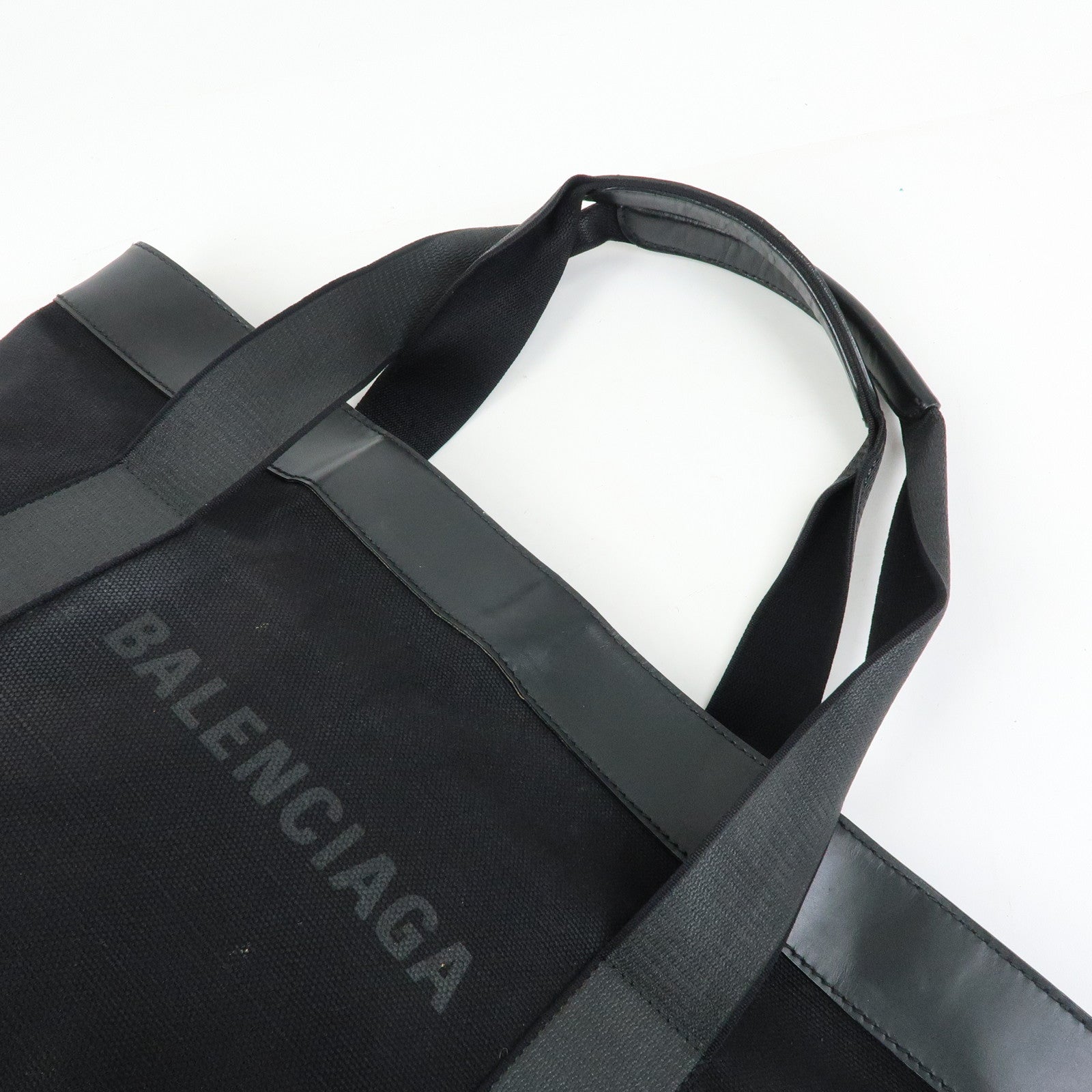 BALENCIAGA Navy Tote Canvas Leather Tote Bag Hand Bag Black 374767