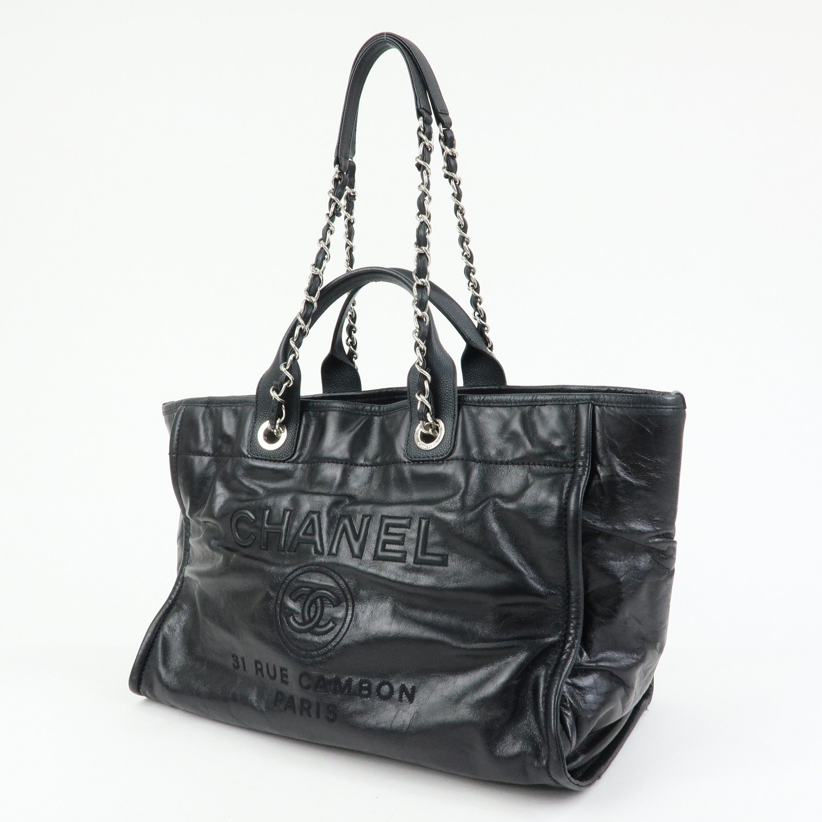 CHANEL Deauville GM Caviarskin Leather 2Way Tote Bag Black A66941