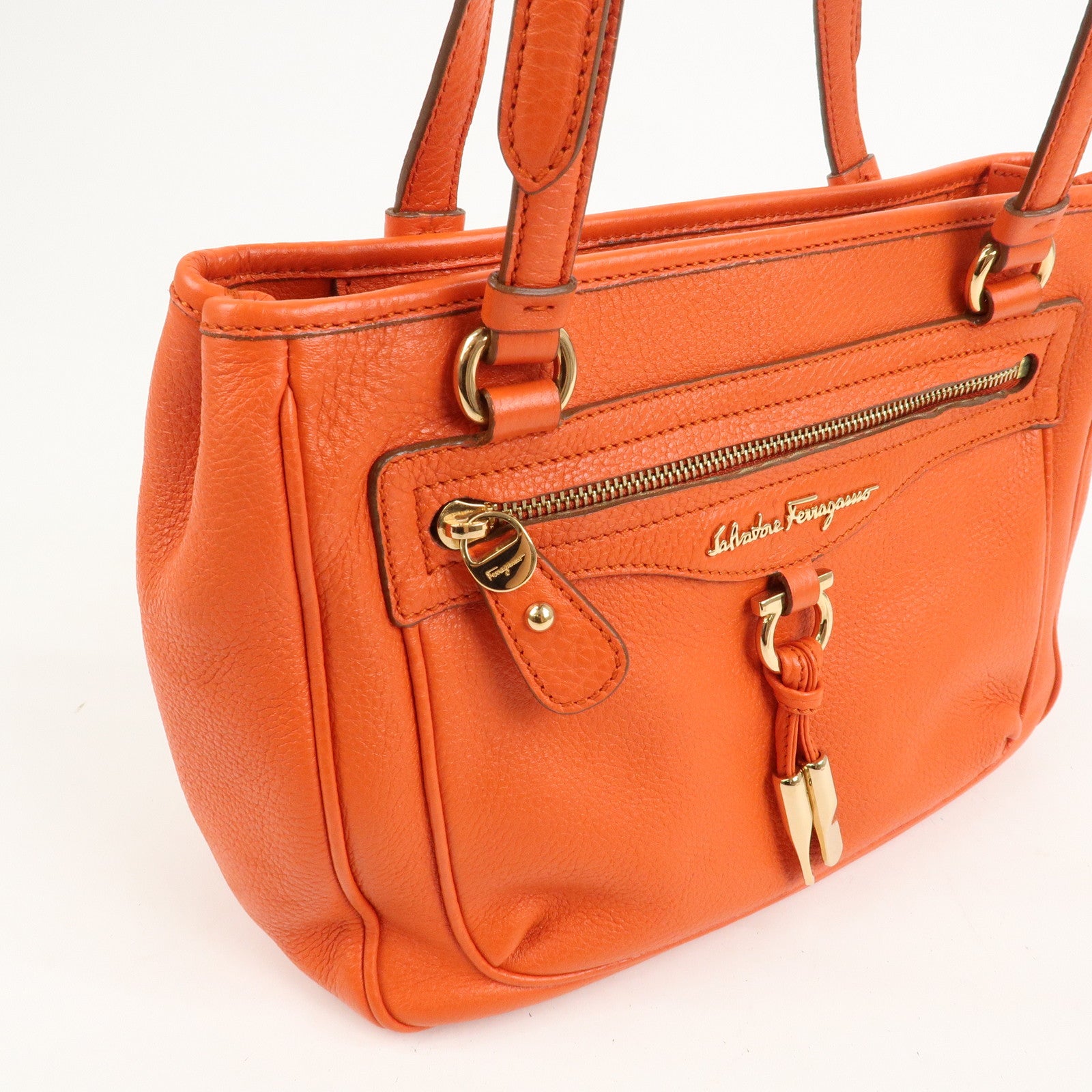 Ferragamo Gancini Leather Hand Bag Orange Gold HDW
