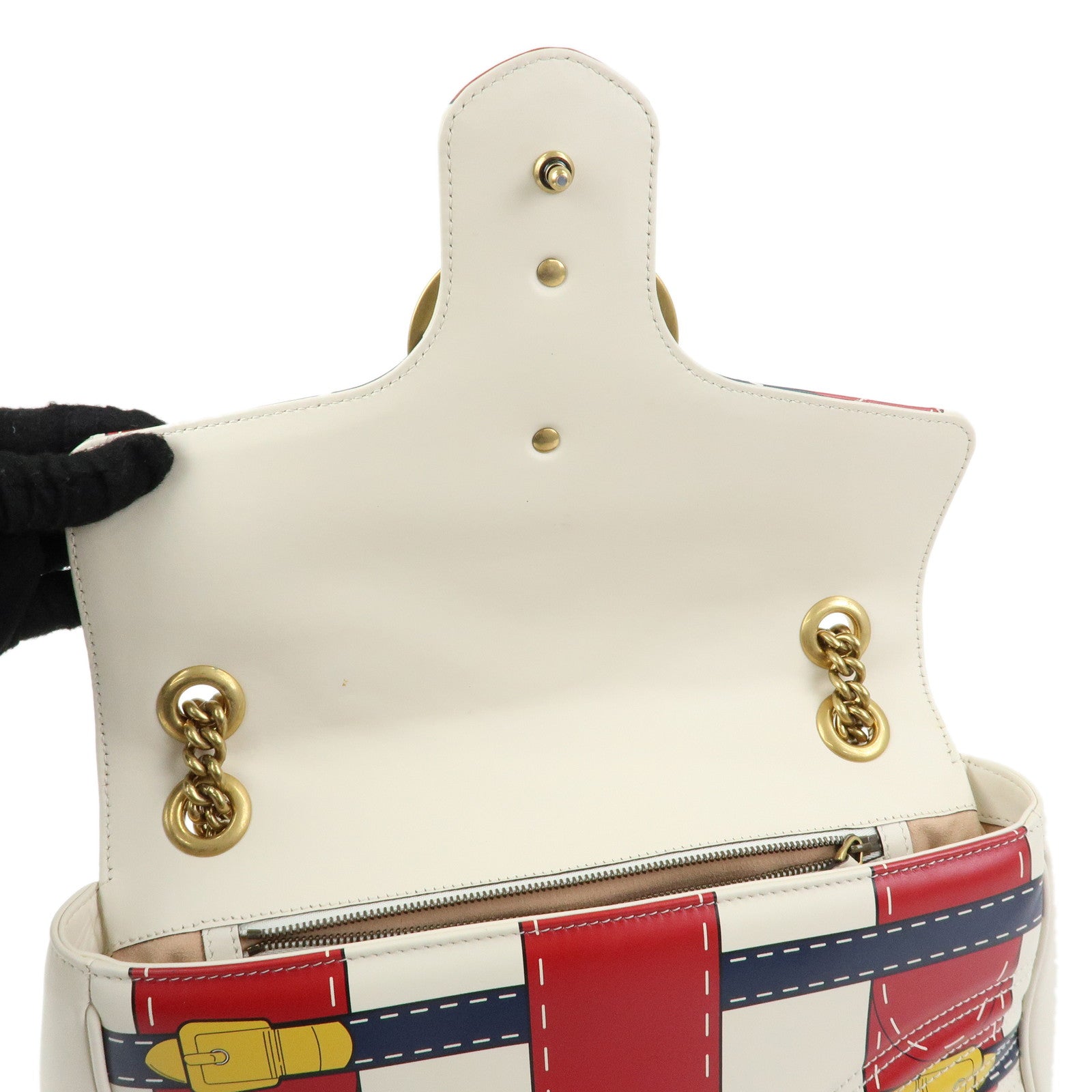 GUCCI GG Marmont Leather Medium Chain Shoulder Bag Ivory Red 443496