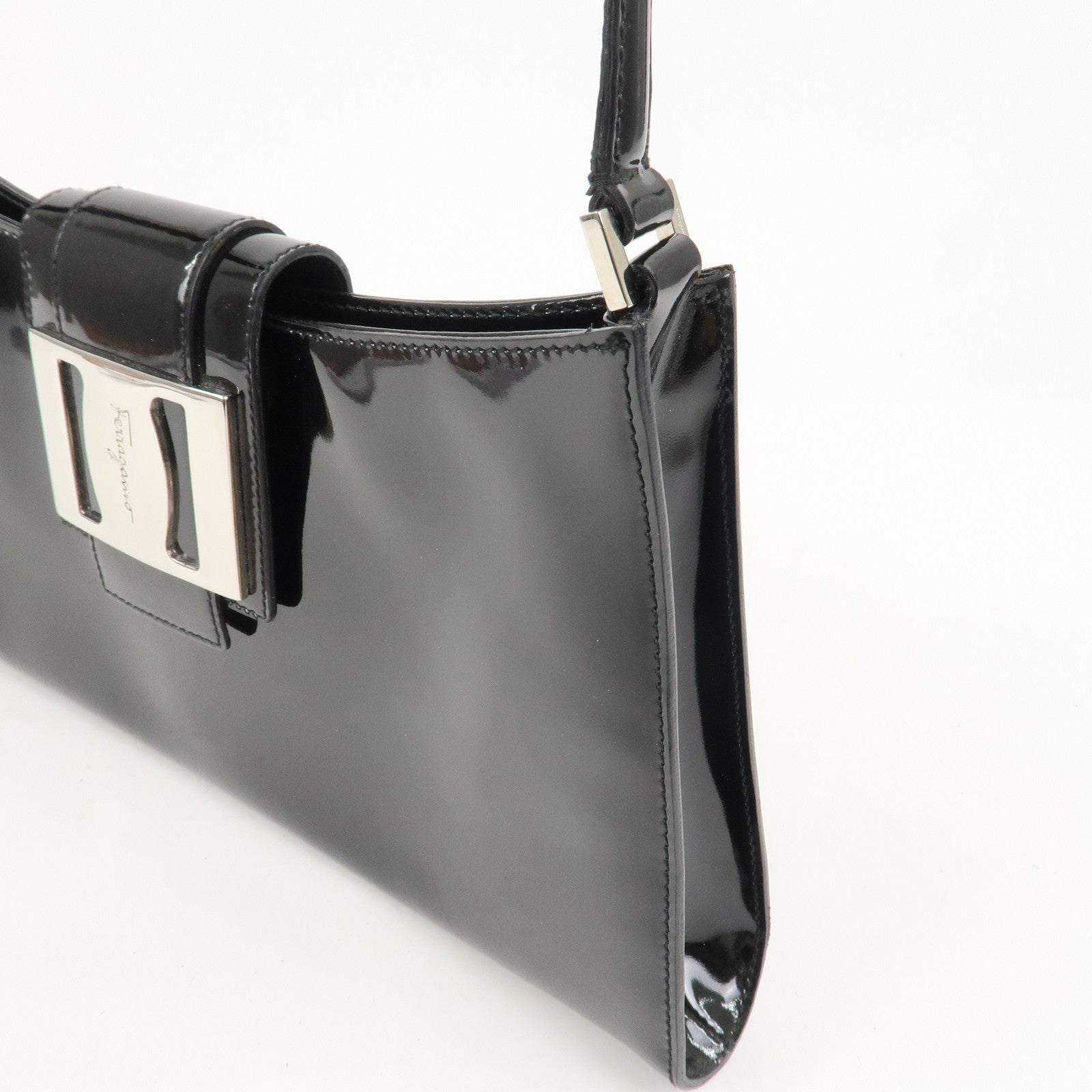 Ferragamo Patent Leather Shoulder Bag Hand Bag Black Silver HDW