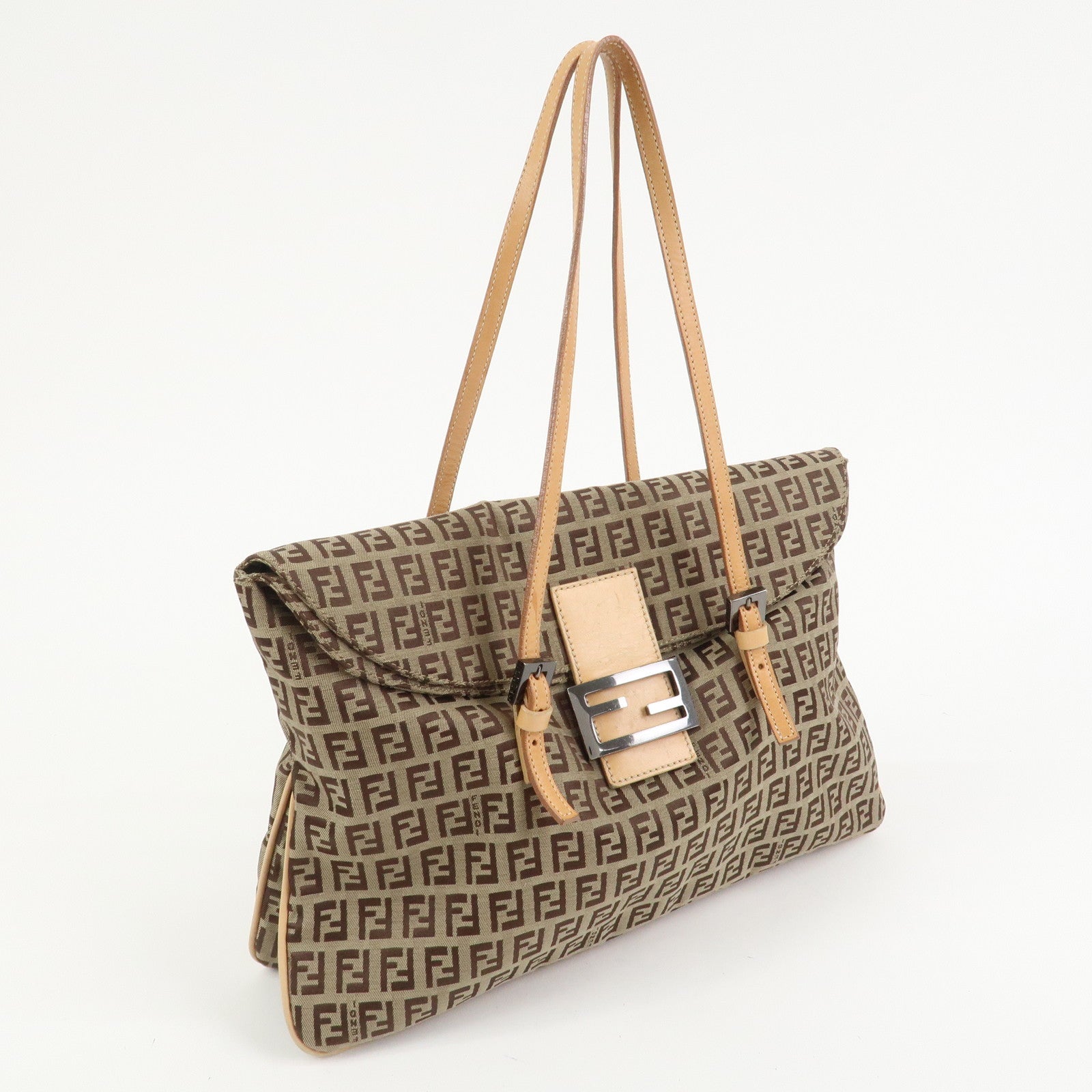 FENDI Zucchino Canvas Leather Shoulder Bag Hand Bag Brown 8BR090