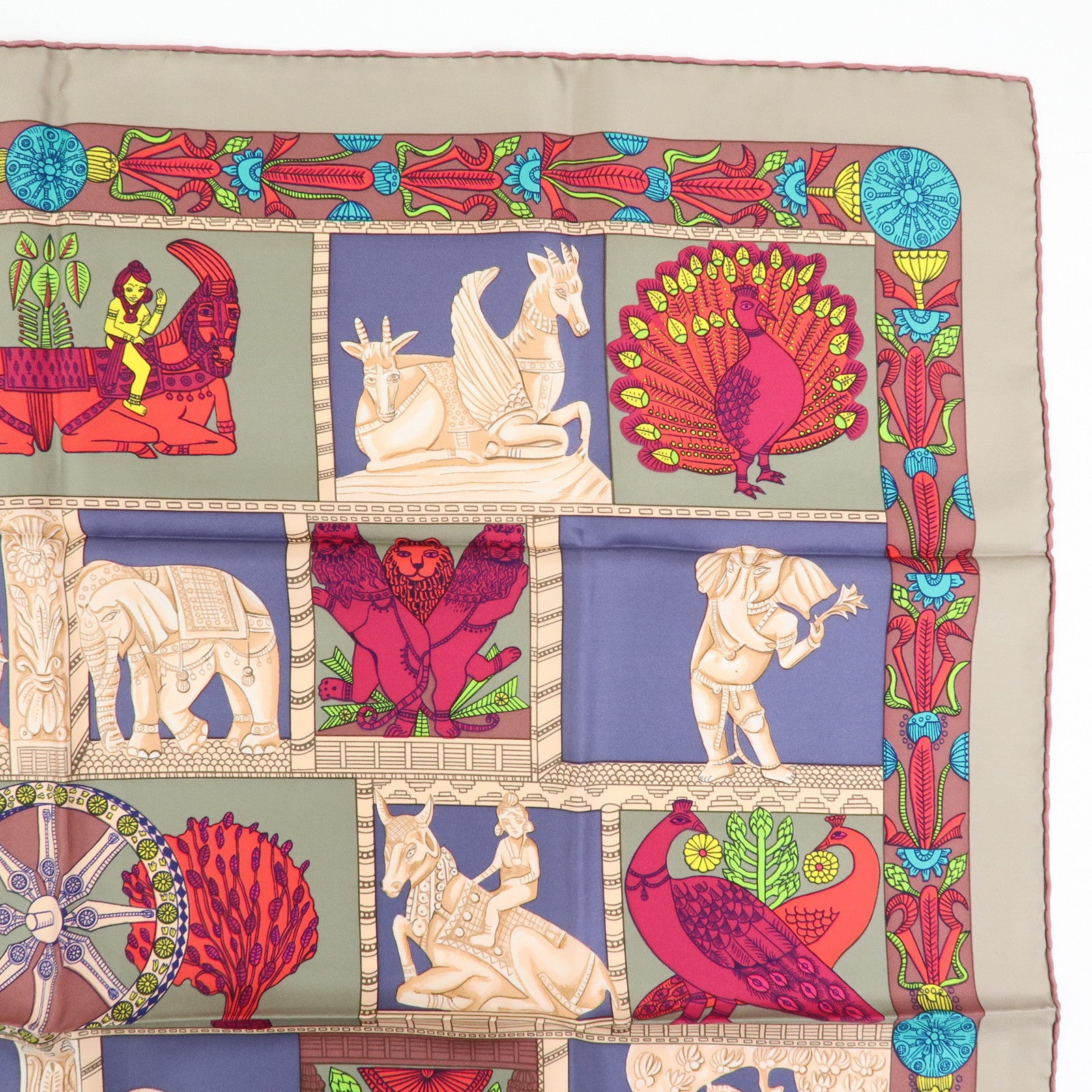 HERMES Carre 90 Silk 100% Scarf TORANA Red Purple Green