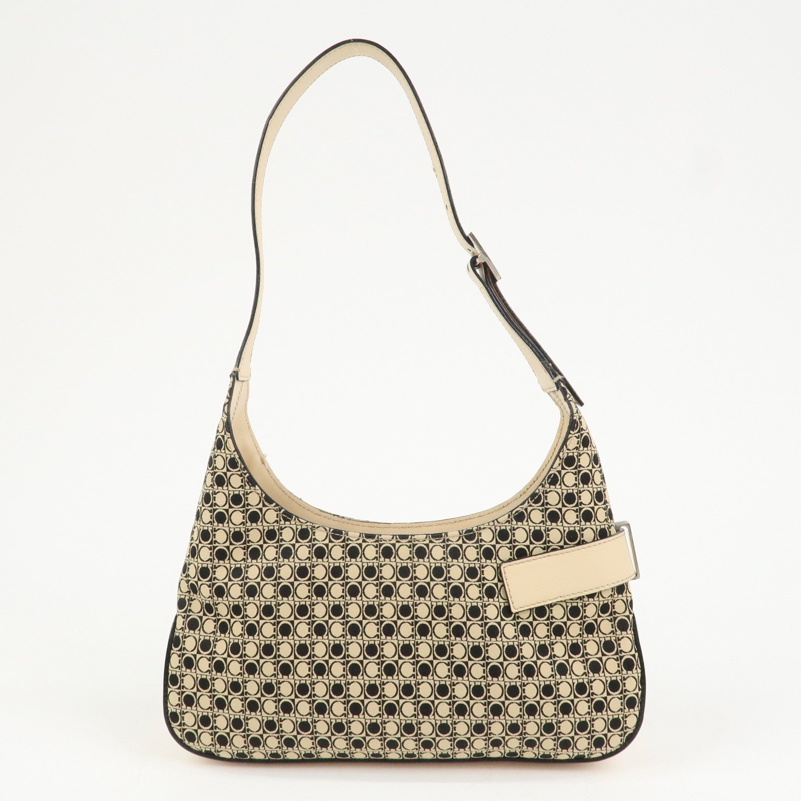 Ferragamo Gancini Canvas Leather Shoulder Bag Hand Bag Beige Black