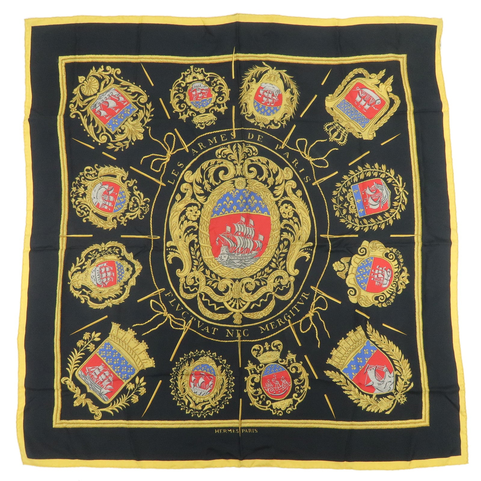 HERMES Carre 90 Silk 100% LES ARMES DE PARIS Scarf Black Gold