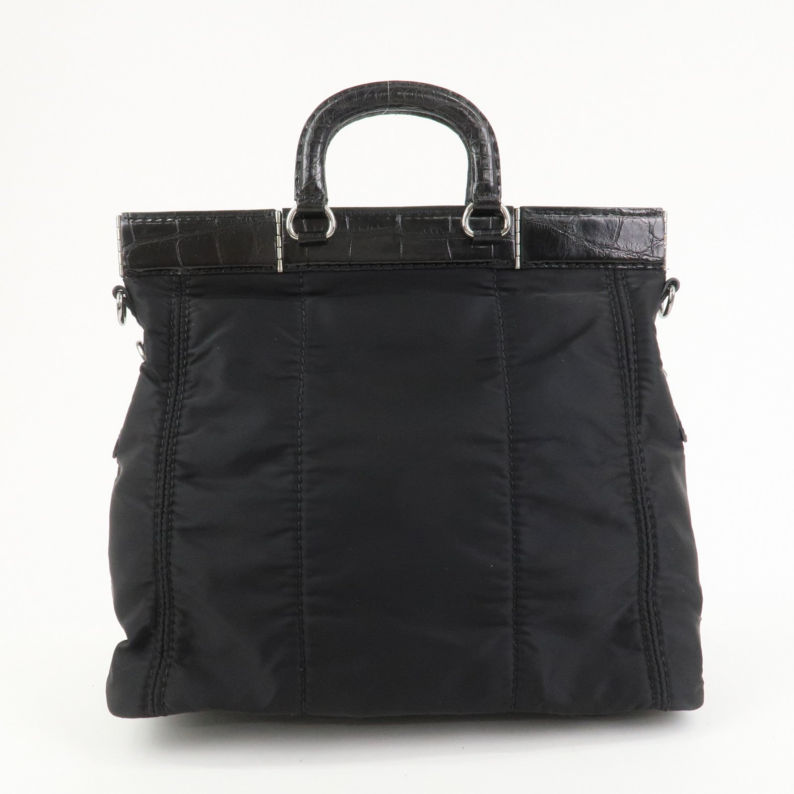 PRADA Triangle Logo Nylon Embossed Leather Hand Bag Black