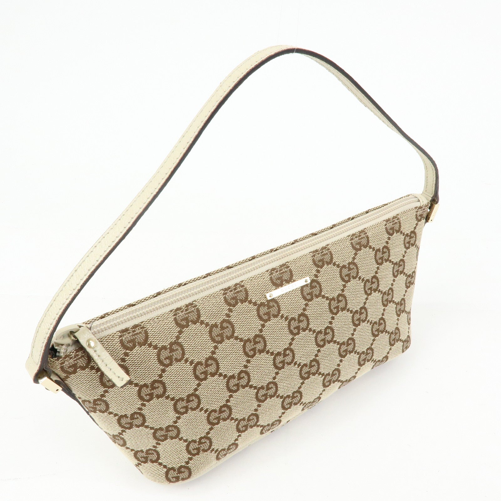 GUCCI Boat Bag GG Canvas Leather Accessory Pouch Beige White 07198