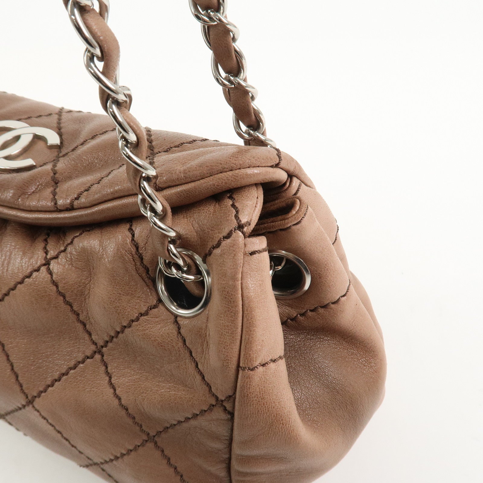 CHANEL Wild Stitch COCO Mark Lamb Skin Shoulder Bag Pink Beige