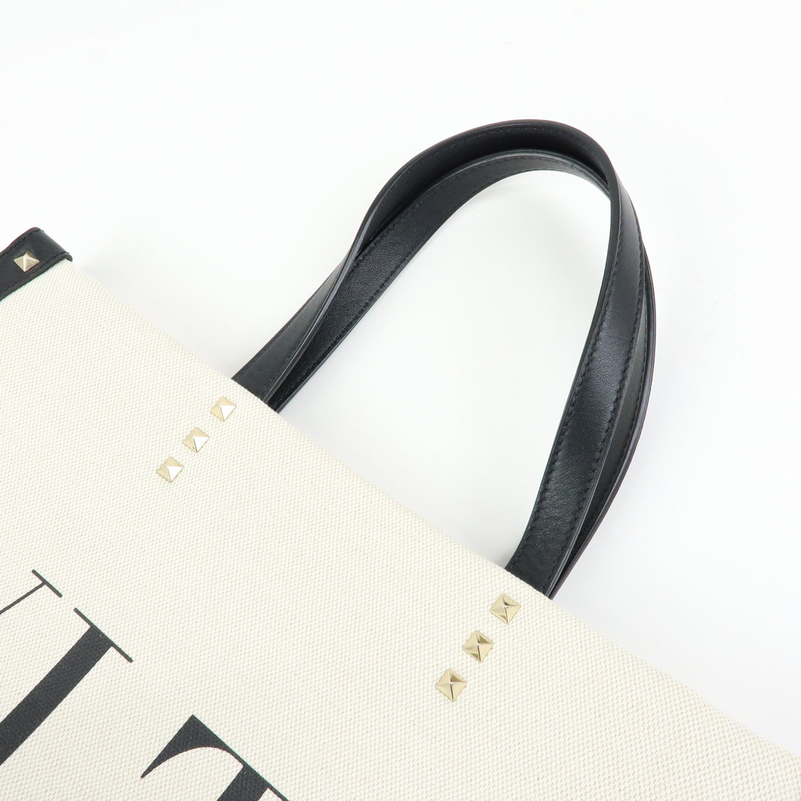 VALENTINO Rockstud Canvas Leather Tote Bag Hand Bag Natural Black