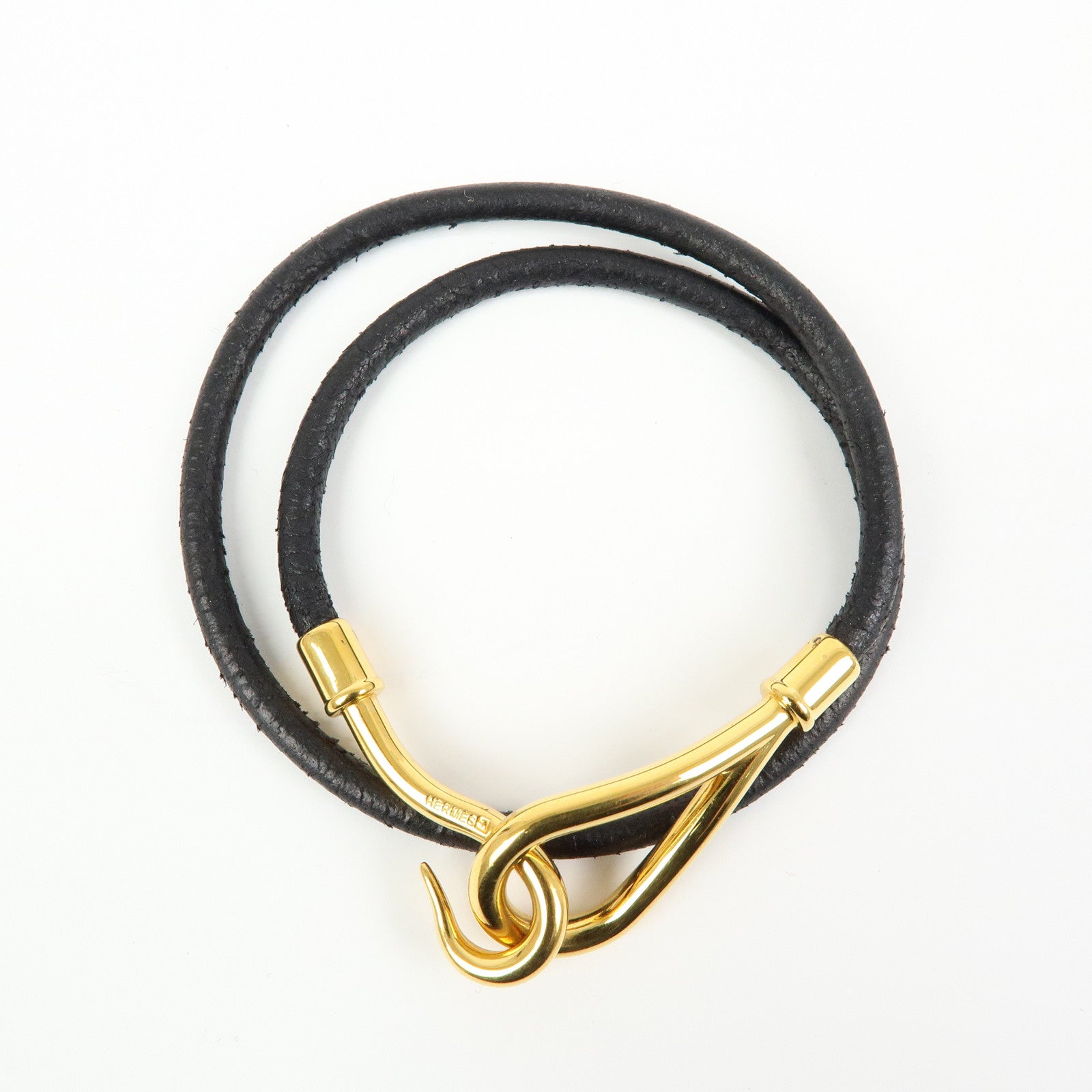 HERMES Jumbo Choker Leather Metal Bracelet Black Gold